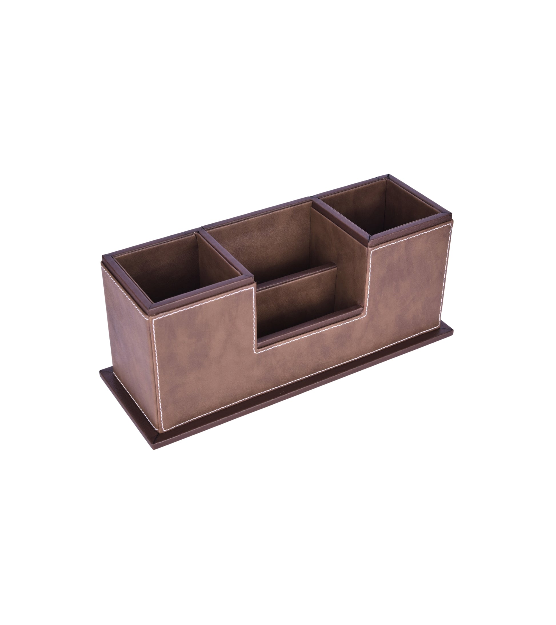 Two-compartment desk organizer with central slot, dark brown vegan leather look