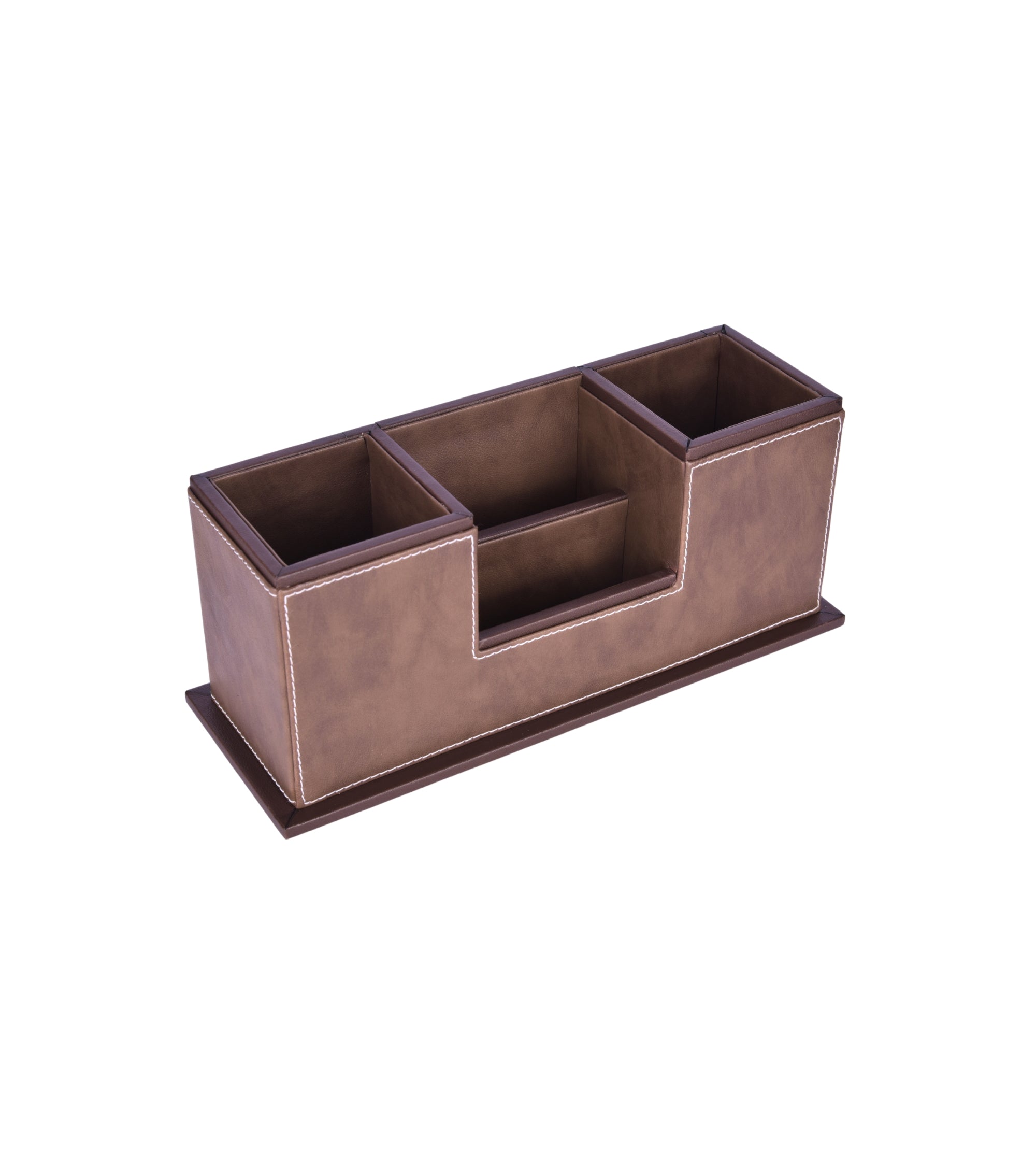Two-compartment desk organizer with central slot, dark brown vegan leather look