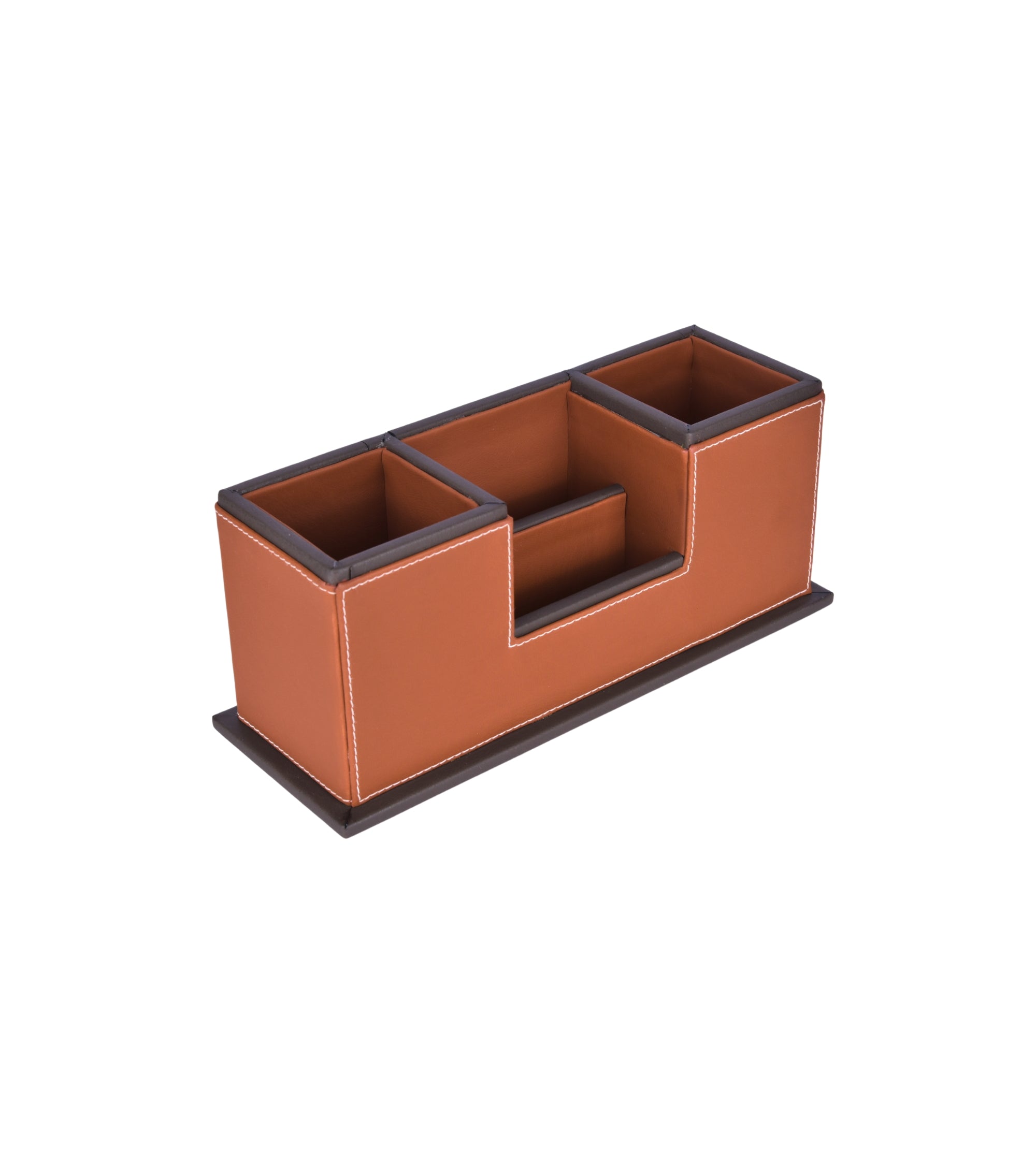 Two-compartment desk organizer with central slot, orange and dark brown vegan leather look