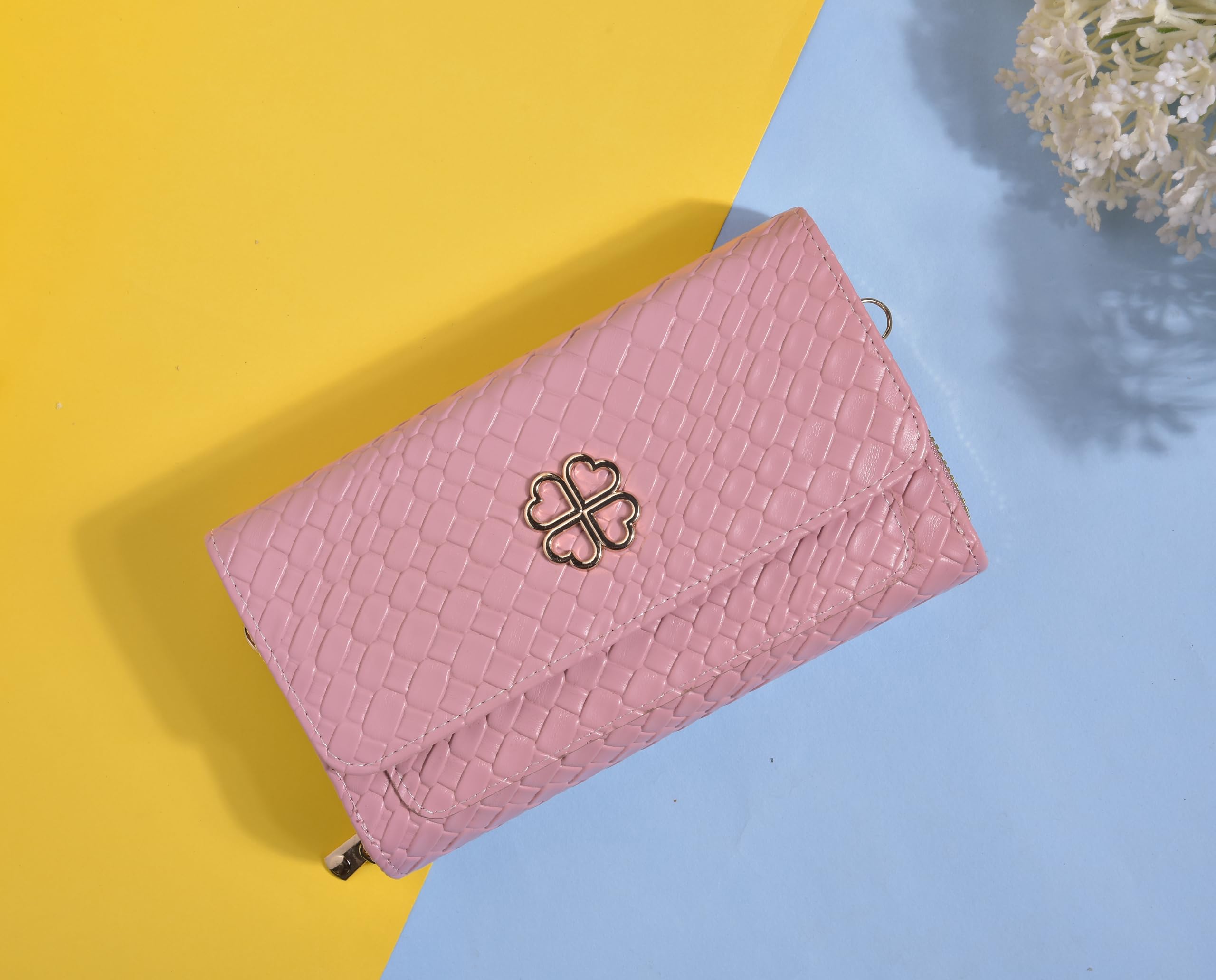 Eternia® Lucky Charm Sling Bag – Elegant & Versatile Faux Leather Crossbody Wallet Clutch with Detachable Straps - Pink
