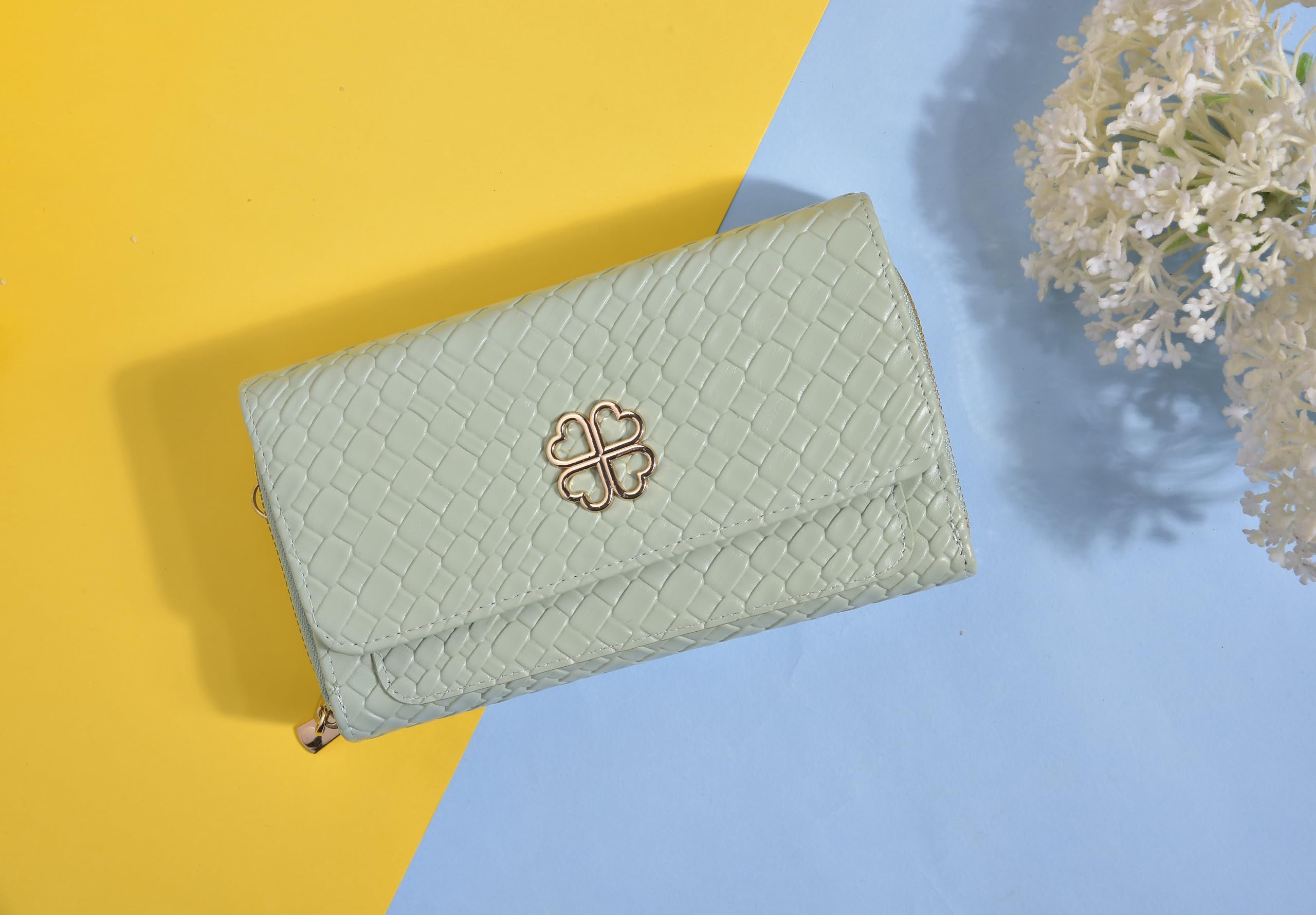 Eternia® Lucky Charm Sling Bag – Elegant & Versatile Faux Leather Crossbody Wallet Clutch with Detachable Straps - Mint Green