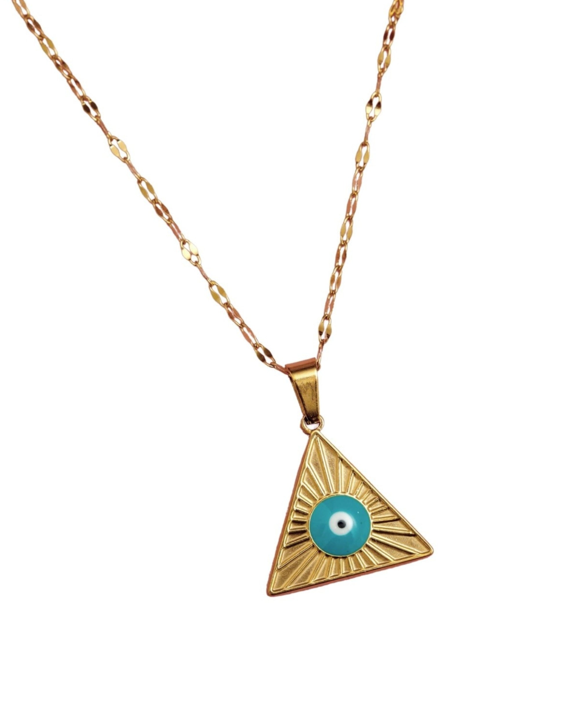 Premsons® Evil Eye Stainless Steel Necklace | Triangular Pyramid Style Pendant for Protection & Elegance - Gold & Blue