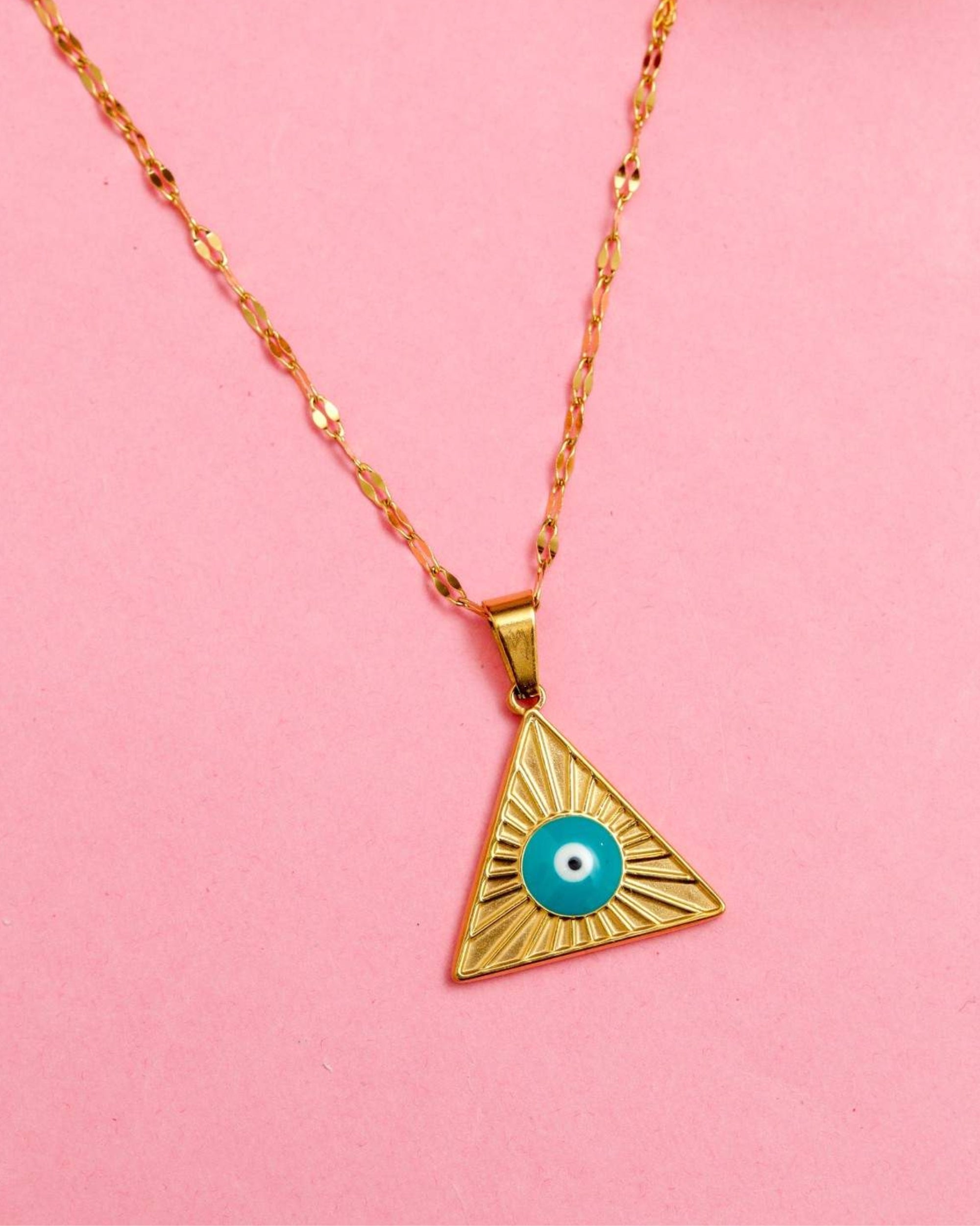 Premsons® Evil Eye Stainless Steel Necklace | Triangular Pyramid Style Pendant for Protection & Elegance - Gold & Blue