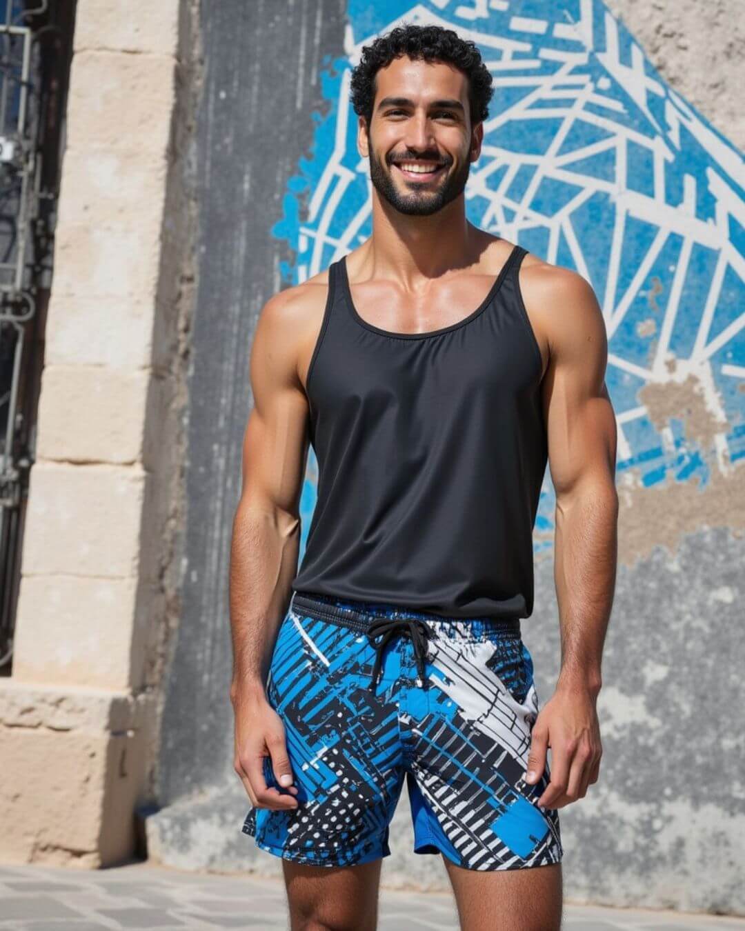 Premsons® Men's Printed Swim Shorts with Pockets, Adjustable Drawstring, Quick-Dry Fabric & Comfortable Fit – Beach & Pool Wear -Black & Blue - 34 Size