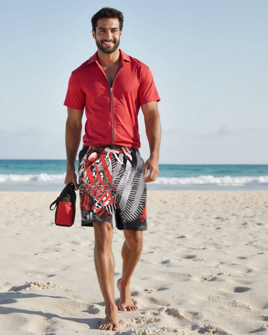 Premsons® Men's Printed Swim Shorts with Pockets, Adjustable Drawstring, Quick-Dry Fabric & Comfortable Fit – Beach & Pool Wear -Black & Red - 34 Size