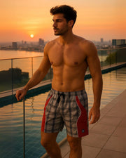 Premsons® Men's Printed Swim Shorts with Pockets, Adjustable Drawstring, Quick-Dry Fabric & Comfortable Fit – Beach & Pool Wear - Black & Red - Free Size