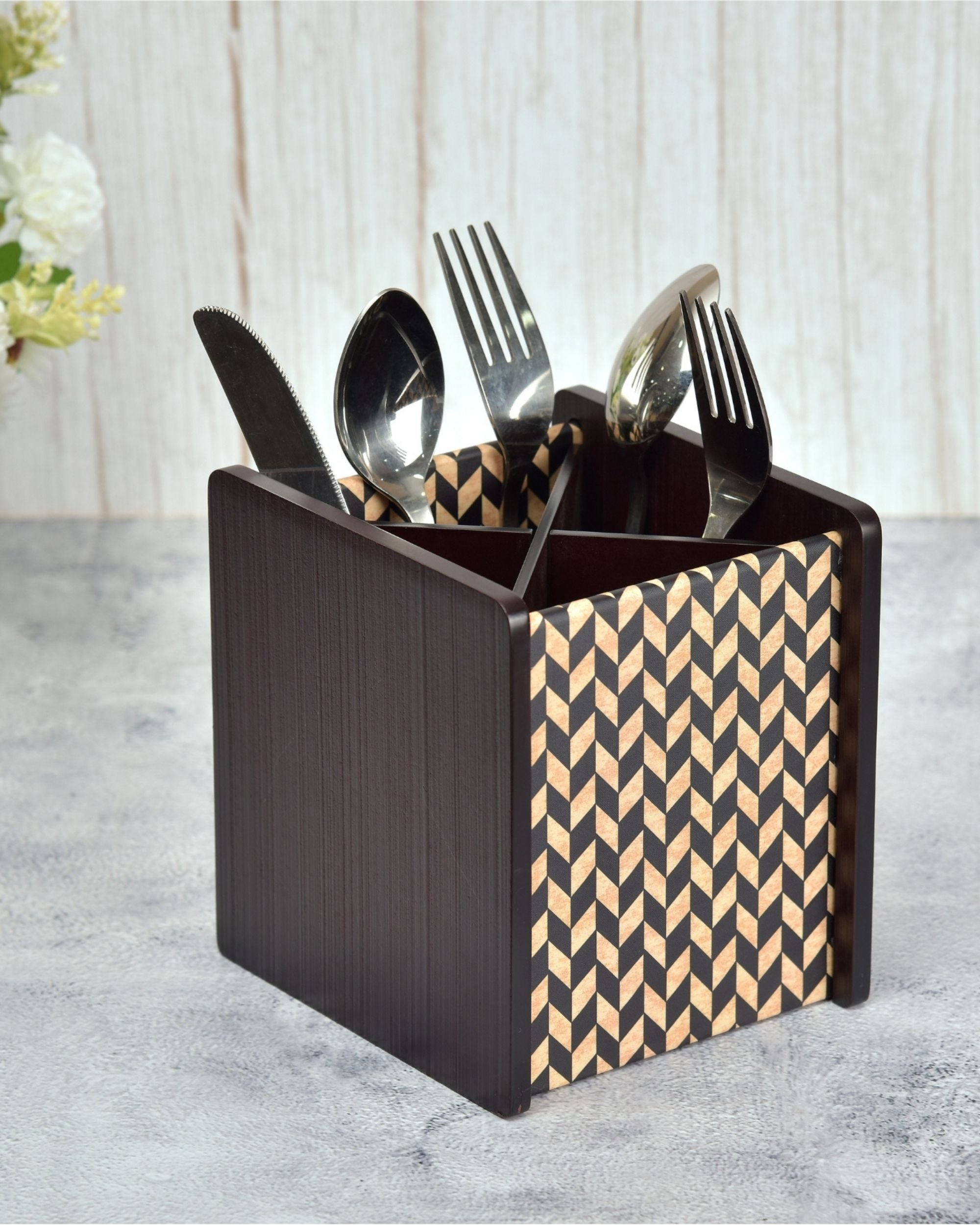 Premsons® Wooden Cutlery Holder – Stylish Organizer with 4 Compartments | Elegant Digital Printing for Kitchen & Dining
