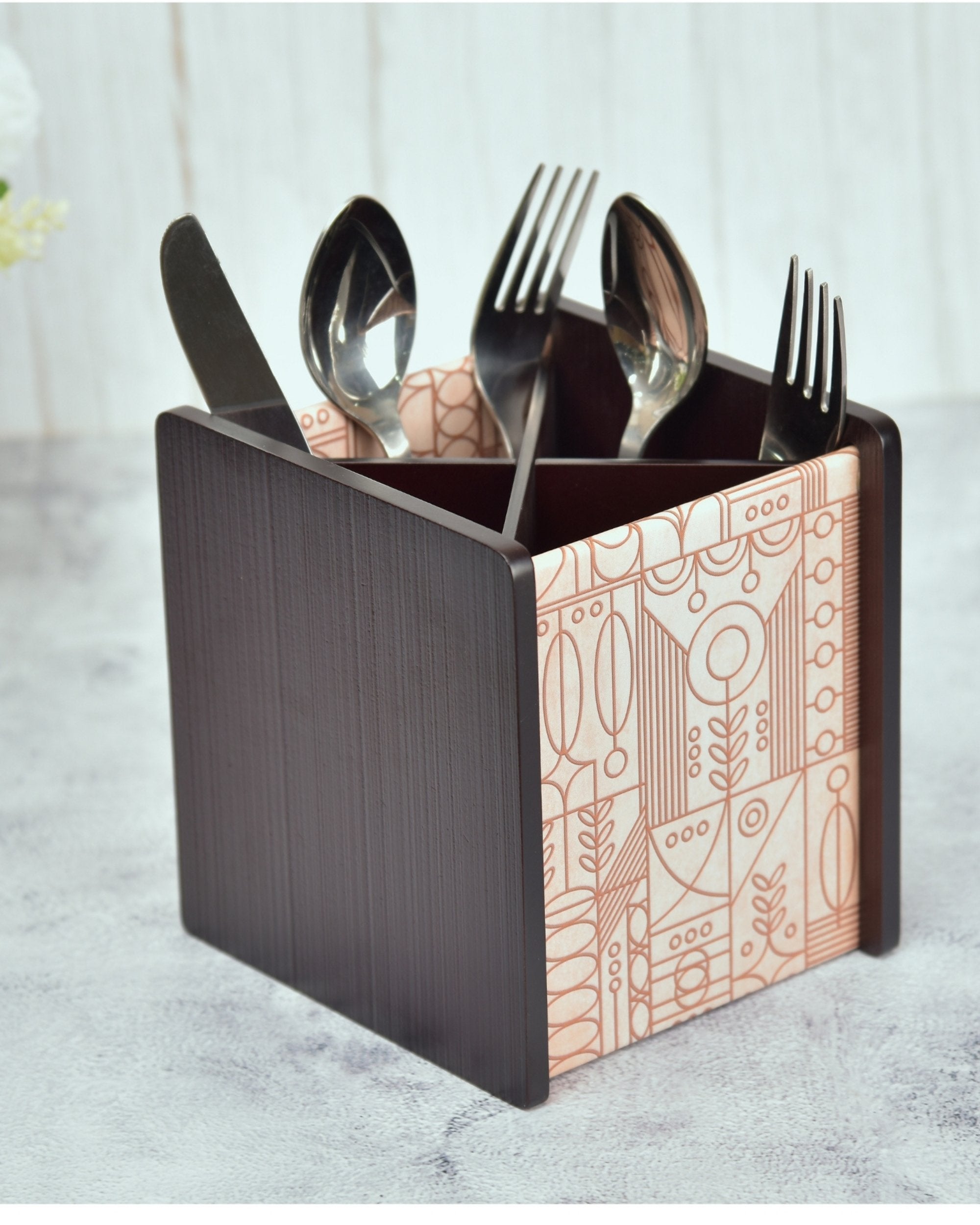 Premsons® Wooden Cutlery Holder – Stylish Organizer with 4 Compartments | Elegant Digital Printing for Kitchen & Dining