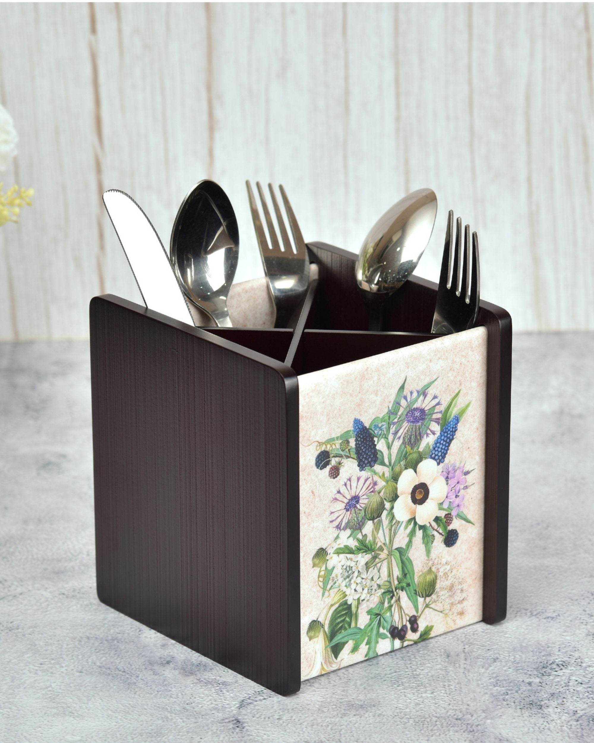 Premsons® Wooden Cutlery Holder – Stylish Organizer with 4 Compartments | Elegant Digital Printing for Kitchen & Dining