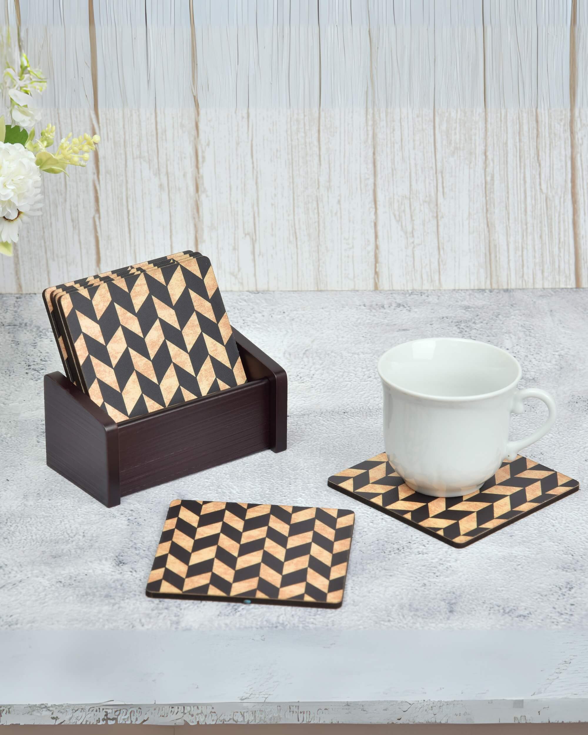 Premsons® Wooden Coaster Set of 6 – Stylish 4-Inch Digital Printed Tea & Coffee Coasters with Stand, Ideal for Elegant Table Protection in Home or Office Décor