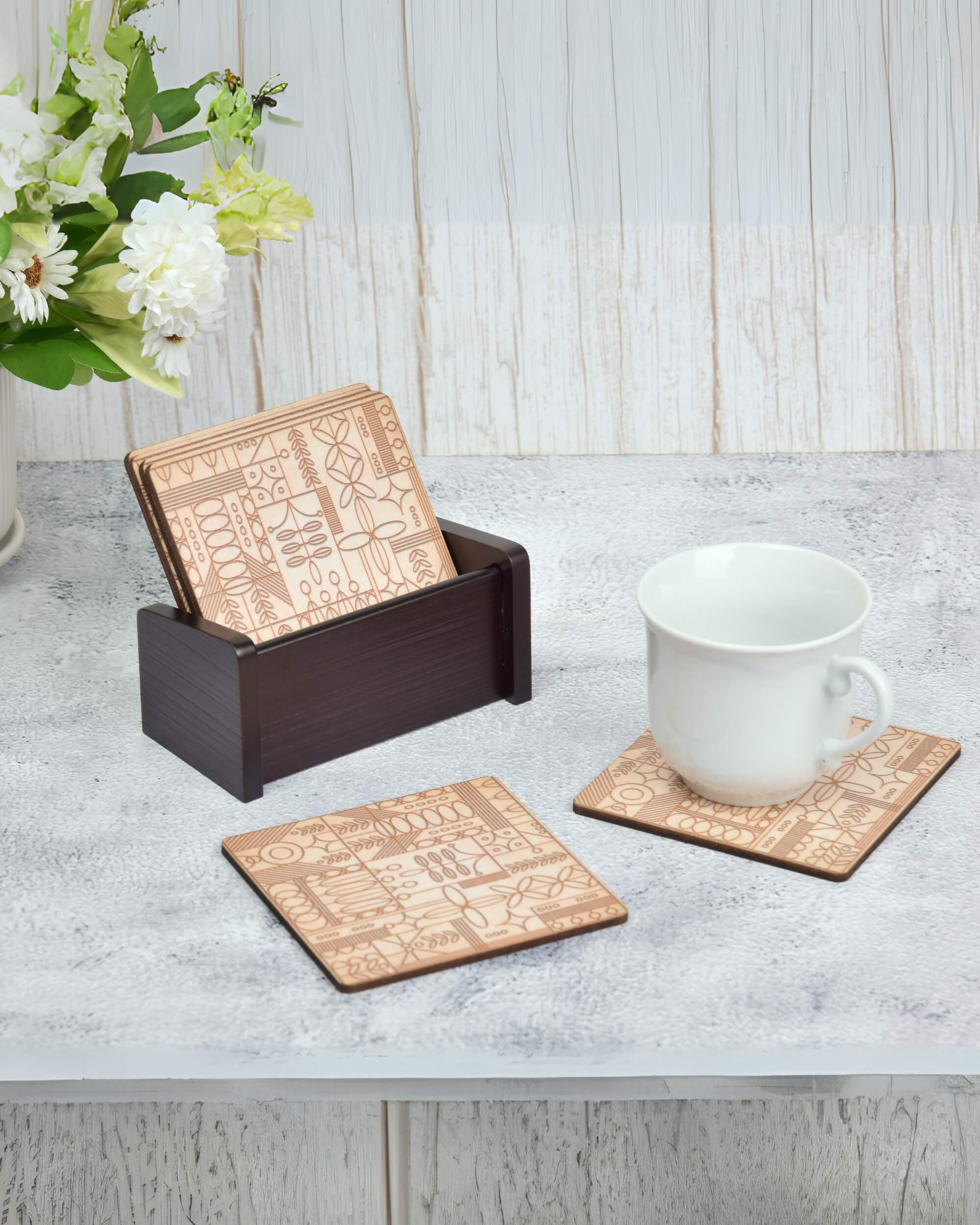 Premsons® Wooden Coaster Set of 6 – Stylish 4-Inch Digital Printed Tea & Coffee Coasters with Stand, Ideal for Elegant Table Protection in Home or Office Décor