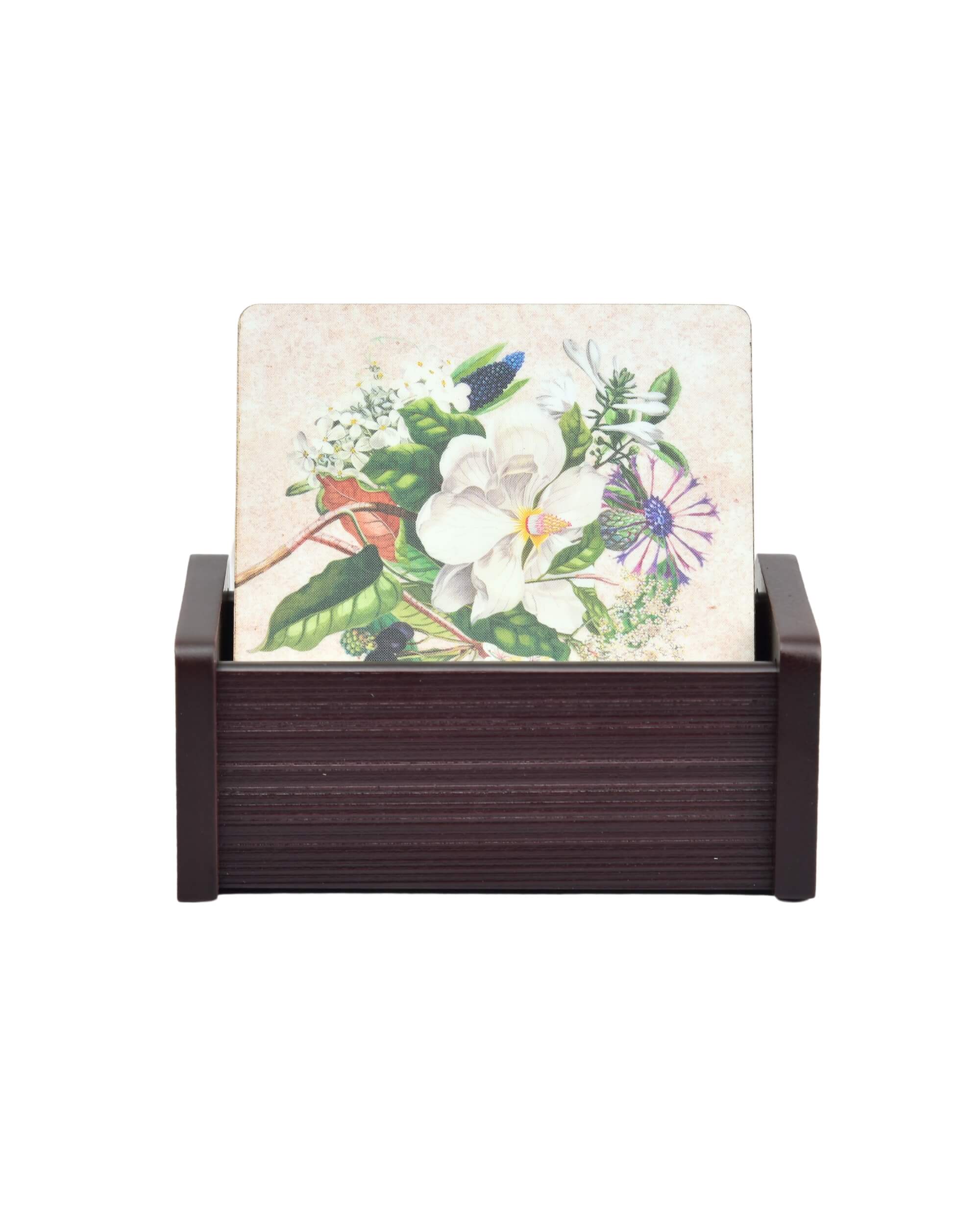 Premsons® Wooden Coaster Set of 6 – Stylish 4-Inch Digital Printed Tea & Coffee Coasters with Stand, Ideal for Elegant Table Protection in Home or Office Décor