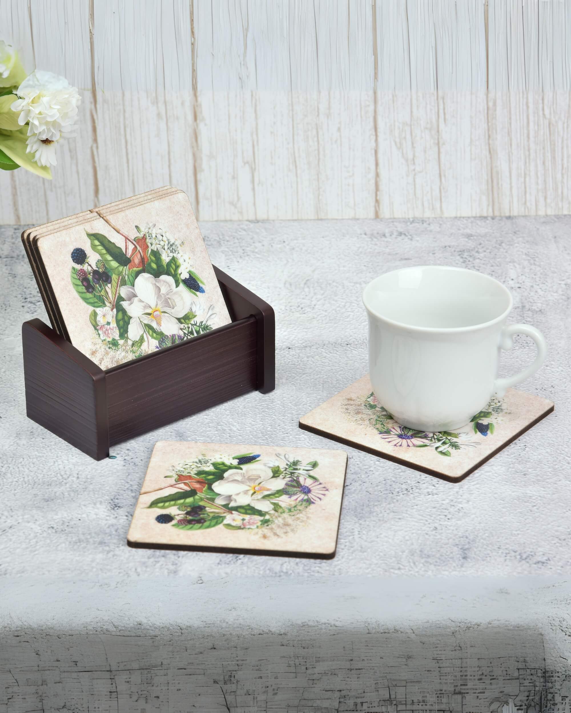 Premsons® Wooden Coaster Set of 6 – Stylish 4-Inch Digital Printed Tea & Coffee Coasters with Stand, Ideal for Elegant Table Protection in Home or Office Décor