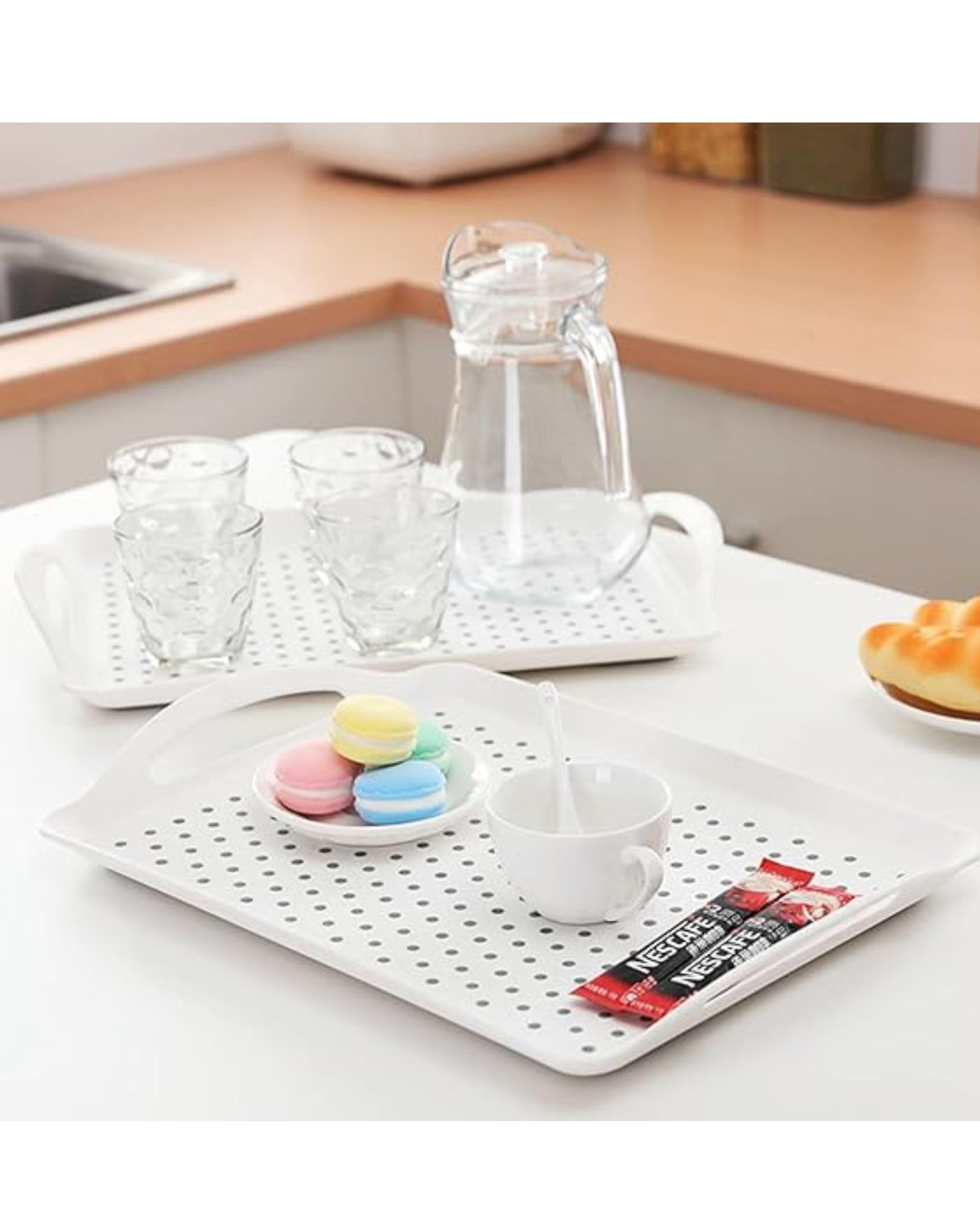 Premsons® Anti-Slip Serving Tray with Handles – Durable Rectangular Plastic Tray for Food & Drinks, Multipurpose for Home, Kitchen, Restaurant & Camping (White, 38x27cm)