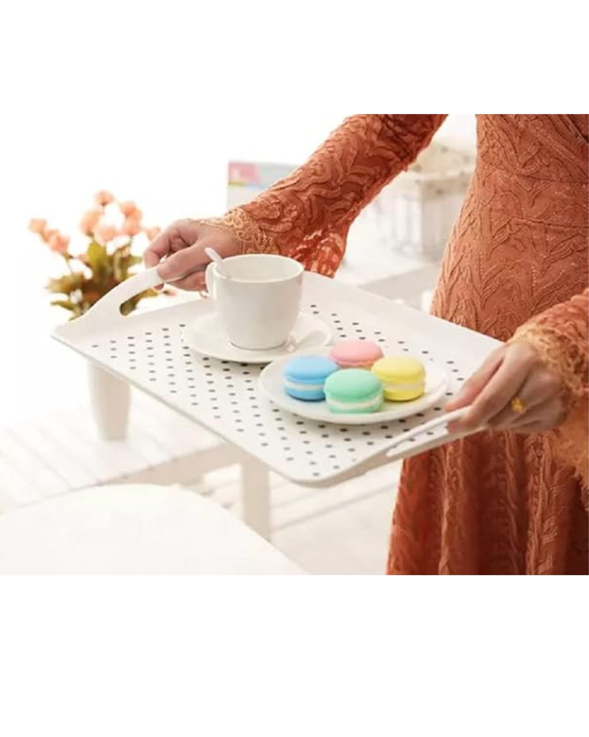 Premsons® Anti-Slip Serving Tray with Handles – Durable Rectangular Plastic Tray for Food & Drinks, Multipurpose for Home, Kitchen, Restaurant & Camping (White, 38x27cm)