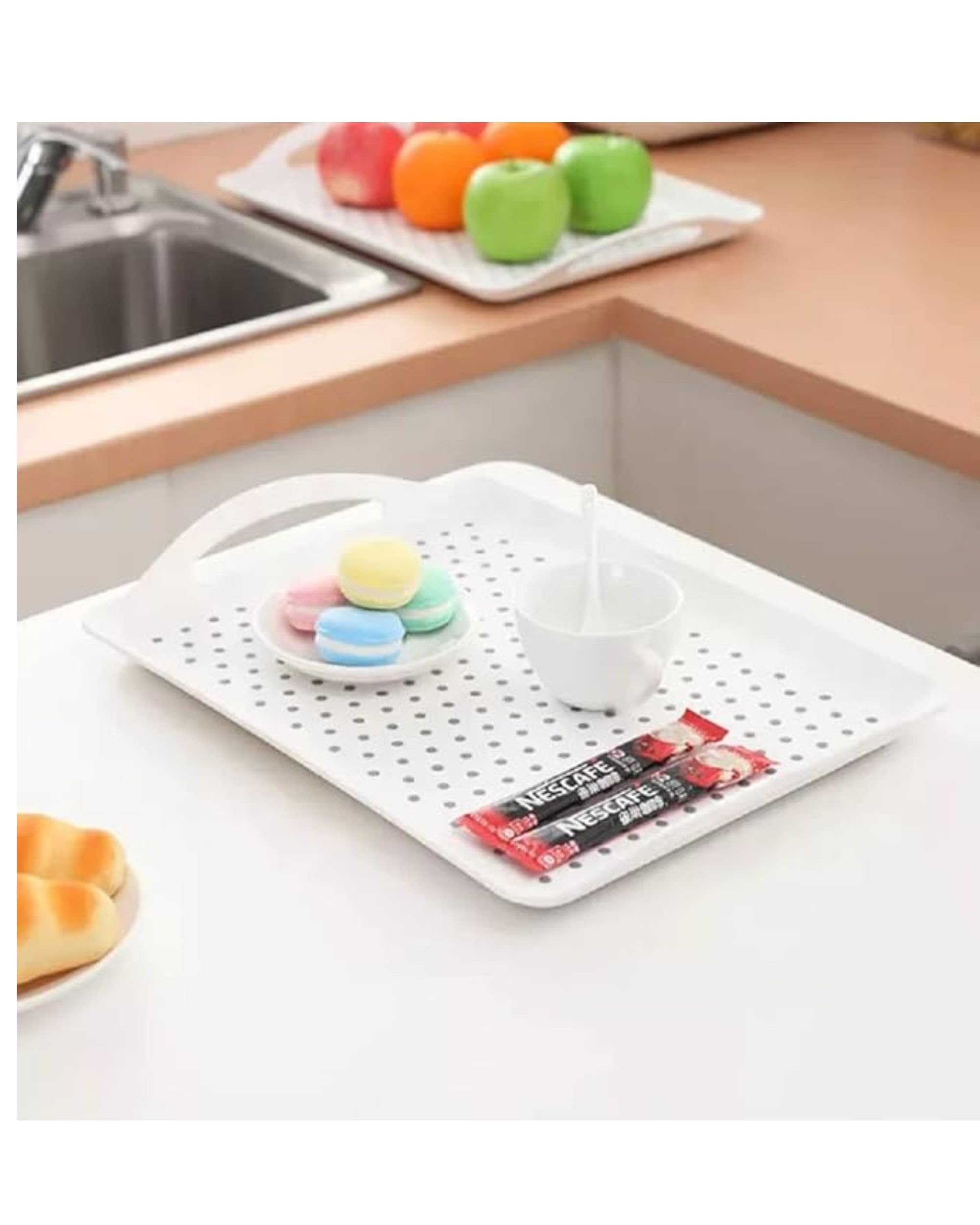 Premsons® Anti-Slip Serving Tray with Handles – Durable Rectangular Plastic Tray for Food & Drinks, Multipurpose for Home, Kitchen, Restaurant & Camping (White, 38x27cm)