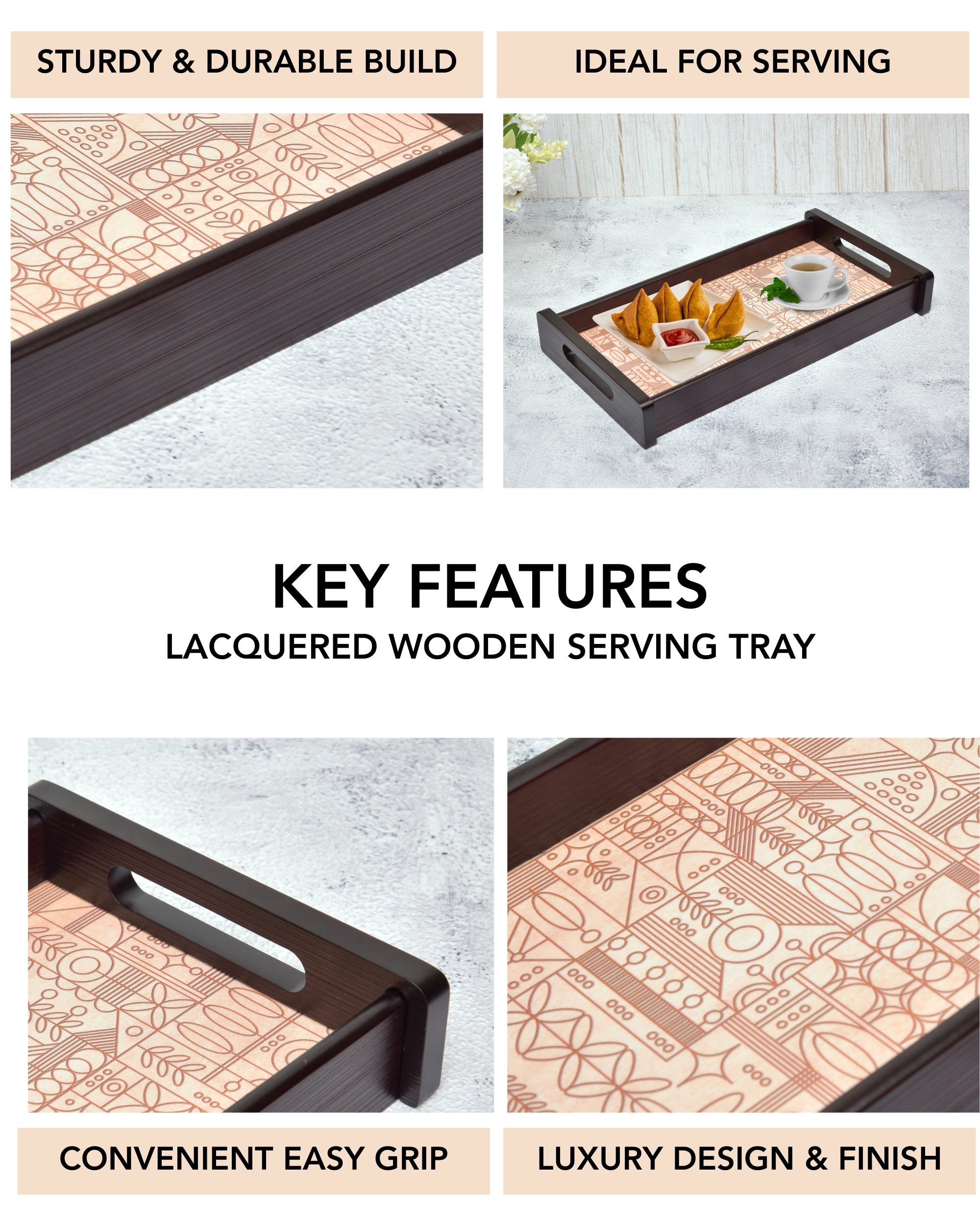 Premsons® Line Art Wooden Serving Tray – Elegant Rectangle Wood Tray with Artistic Design | Premium Quality for Home, Kitchen, Dining & Décor | Serve Food & Drinks in Style