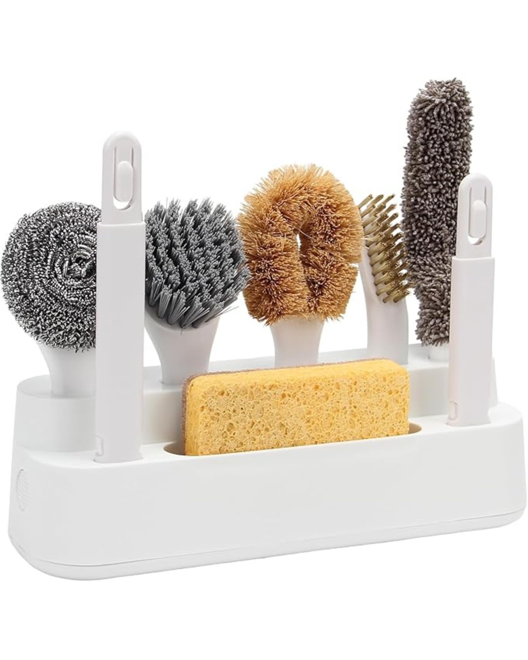 Premsons® 6-Piece Kitchen Cleaning Brush Set with Handles & Drainage Base – Includes Pot, Bottle & Crevice Brushes – Hangable Dish Brush Set for Sinks, Countertops, Pots & Pans