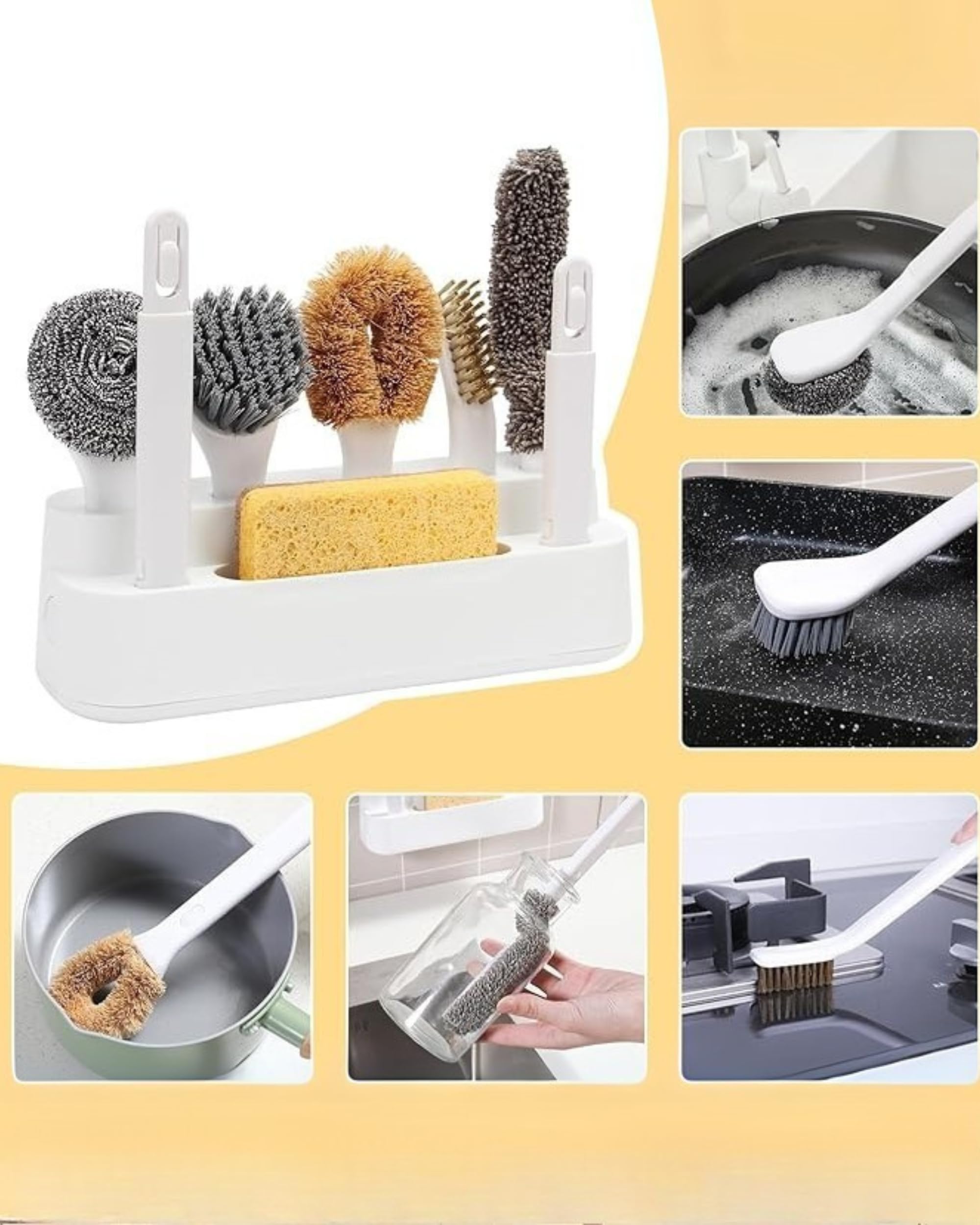 Premsons® 6-Piece Kitchen Cleaning Brush Set with Handles & Drainage Base – Includes Pot, Bottle & Crevice Brushes – Hangable Dish Brush Set for Sinks, Countertops, Pots & Pans