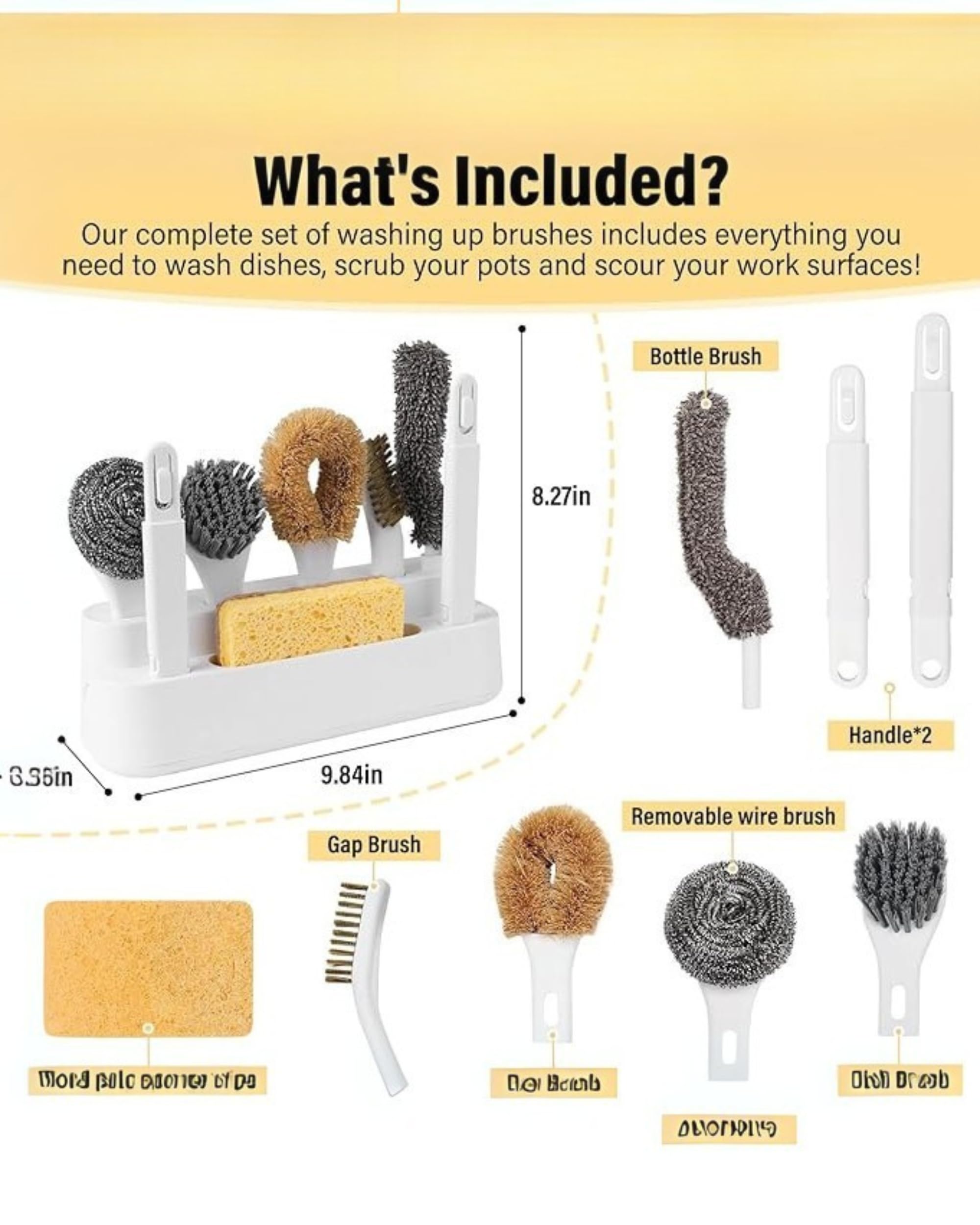Premsons® 6-Piece Kitchen Cleaning Brush Set with Handles & Drainage Base – Includes Pot, Bottle & Crevice Brushes – Hangable Dish Brush Set for Sinks, Countertops, Pots & Pans