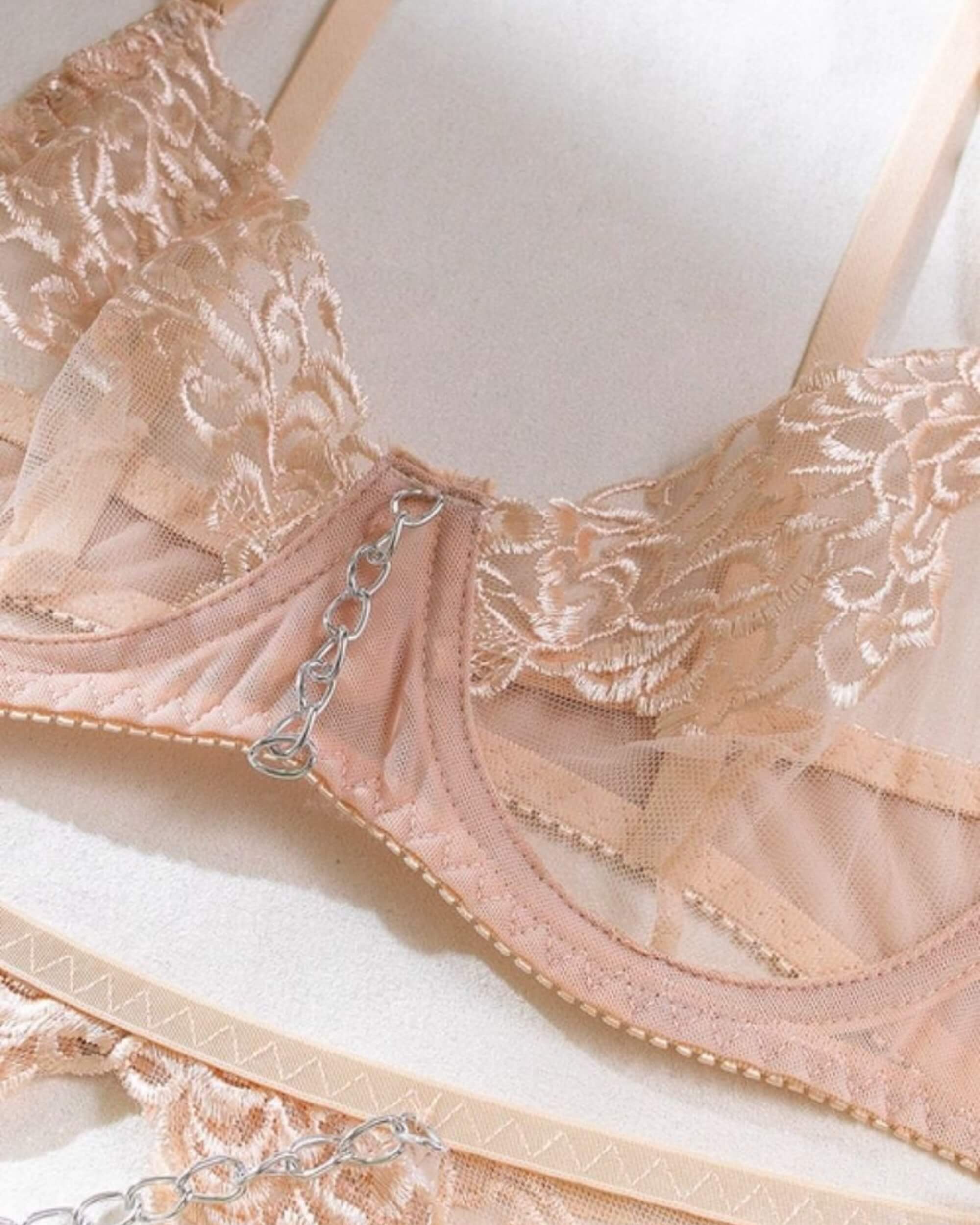 Premsons® Ladies Lace Lingerie Set – 5-Piece Sheer Bra, Strappy Panty, Chain Detail & Garter Attachments for an Elegant, Sexy Look