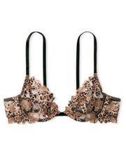 Leopard print lace underwire bra with thin black straps and scalloped edges