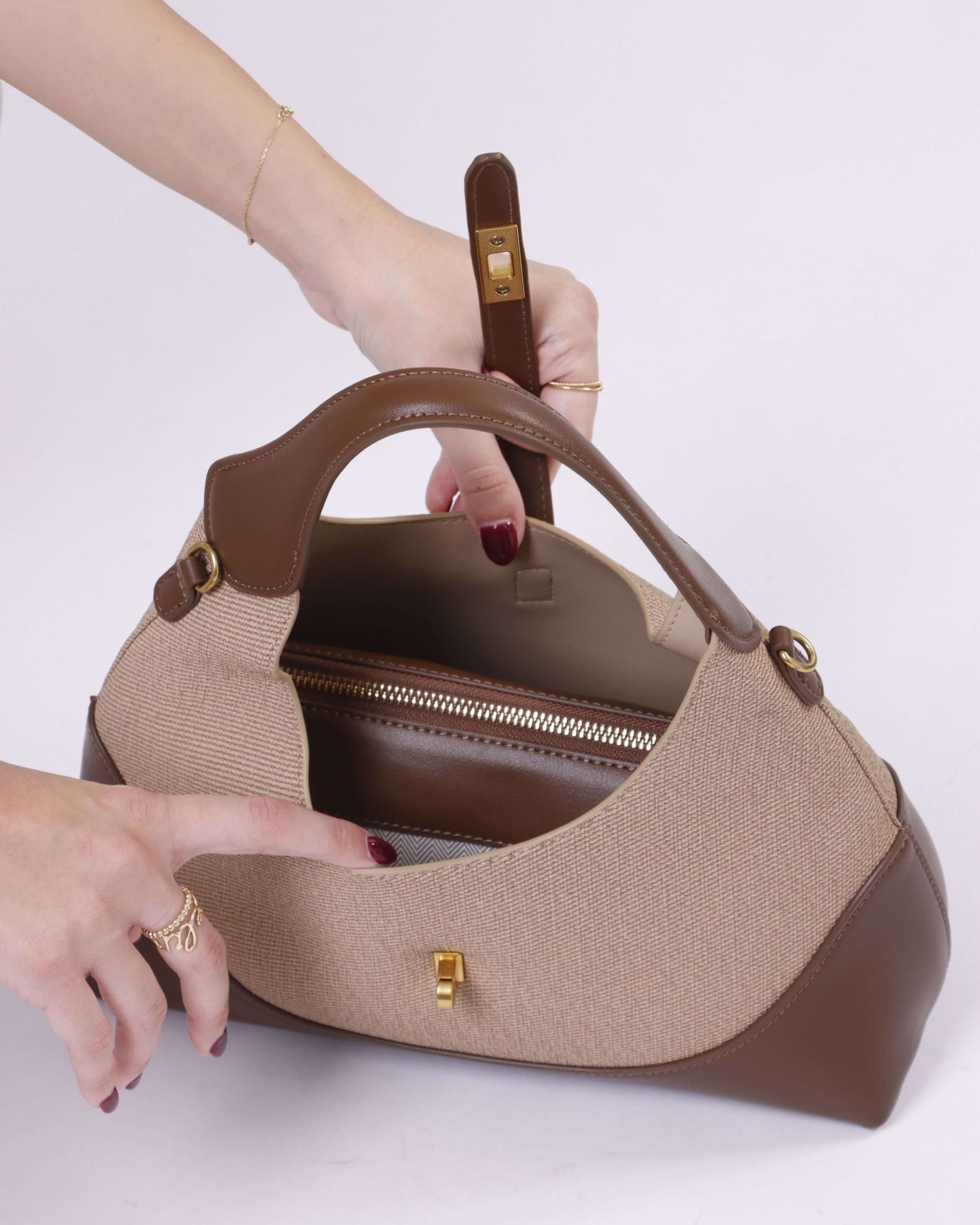Eternia® Shoulder Bag with Detachable String Strap – Tweed & Vegan Leather Purse - Light French Beige