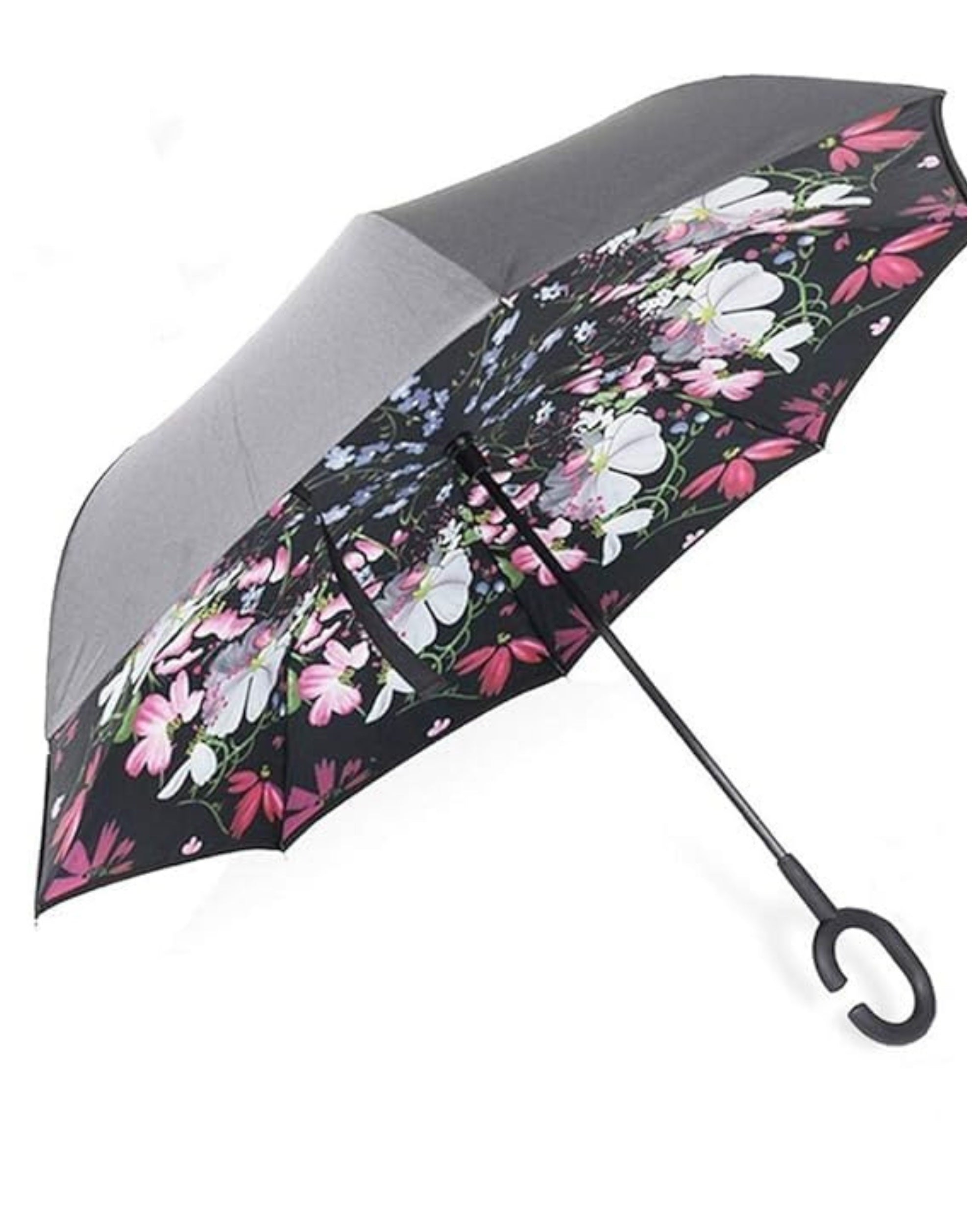Upside Down® Windproof Inverted Umbrella – Double Layer Rain Umbrella with Floral Print | C-Shaped Handle for Hands-Free Use – Reverse Folding for Car & Travel