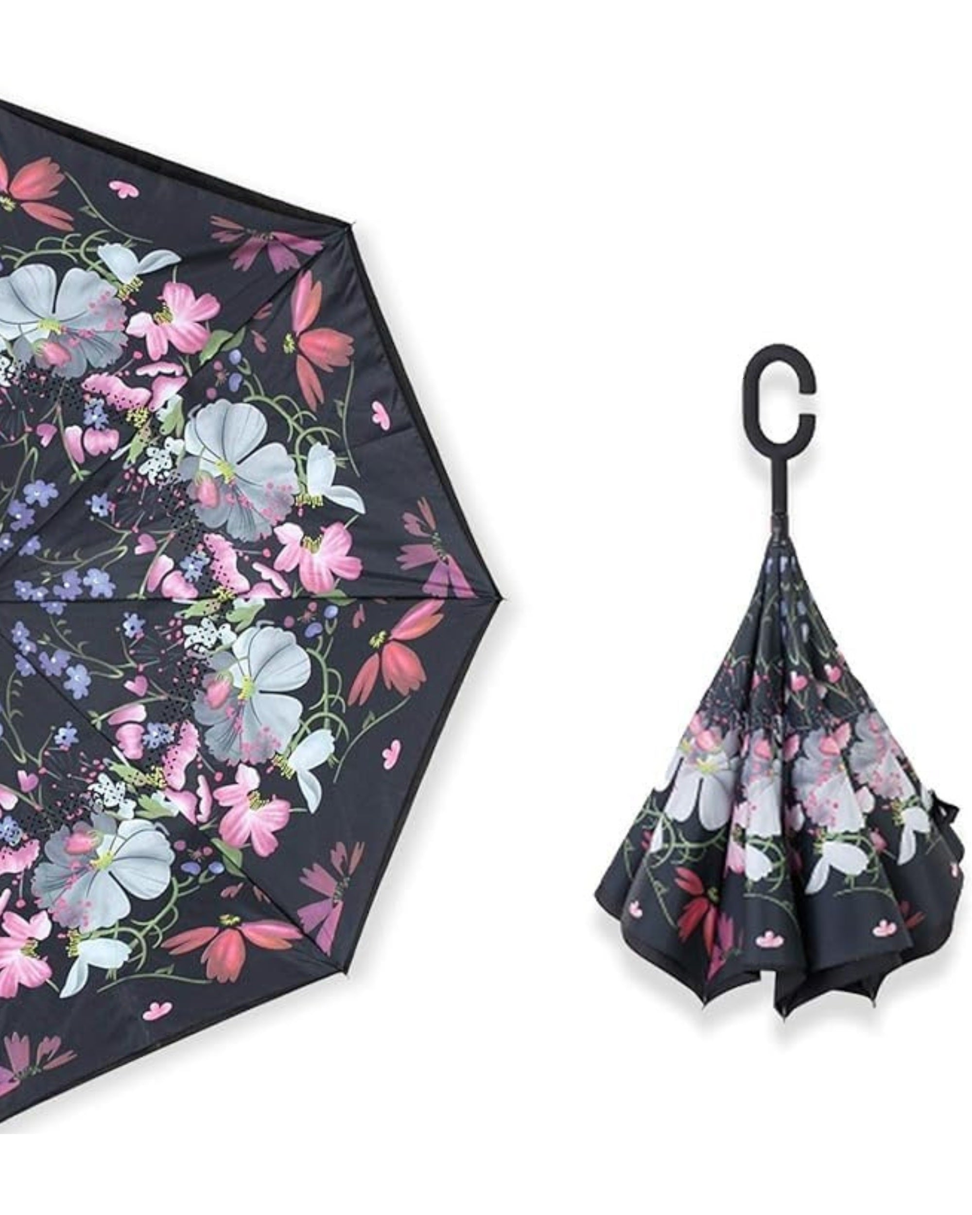 Upside Down® Windproof Inverted Umbrella – Double Layer Rain Umbrella with Floral Print | C-Shaped Handle for Hands-Free Use – Reverse Folding for Car & Travel