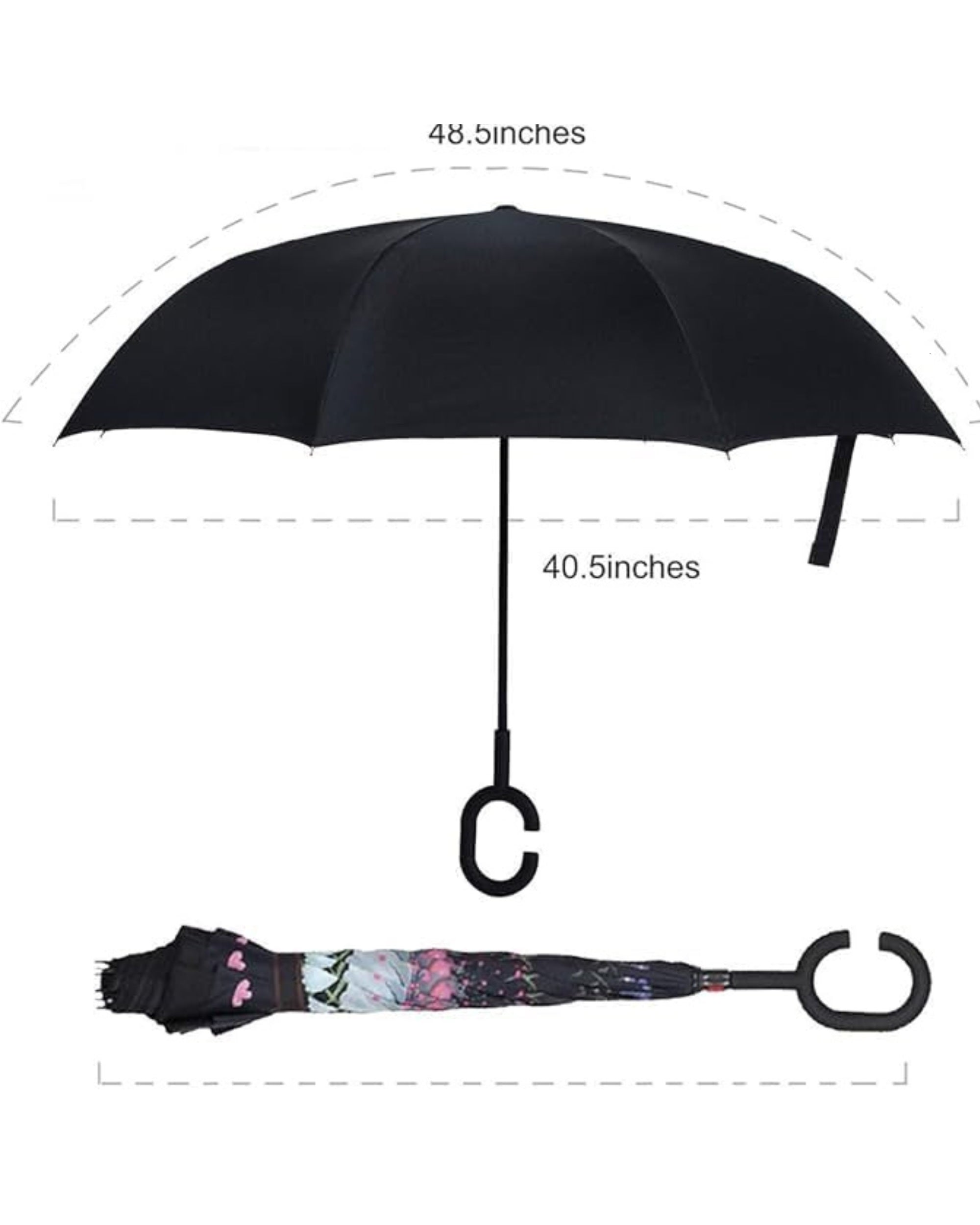 Upside Down® Windproof Inverted Umbrella – Double Layer Rain Umbrella with Floral Print | C-Shaped Handle for Hands-Free Use – Reverse Folding for Car & Travel