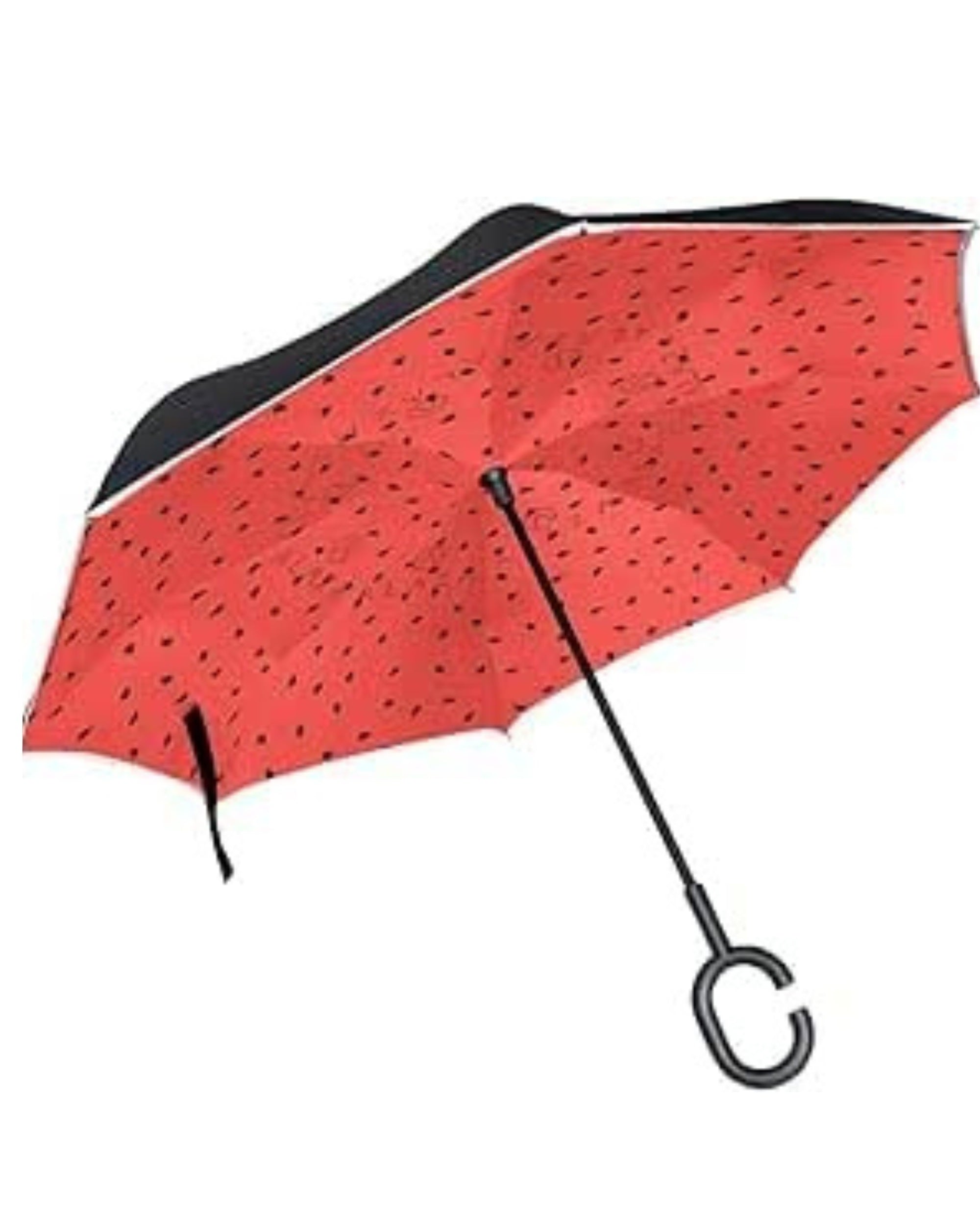 Upside Down® Windproof Inverted Umbrella – Double Layer Folding Rain Protection with Hands-Free C-Shaped Handle | Reverse Closing Design for Car & Travel (Red & Black)