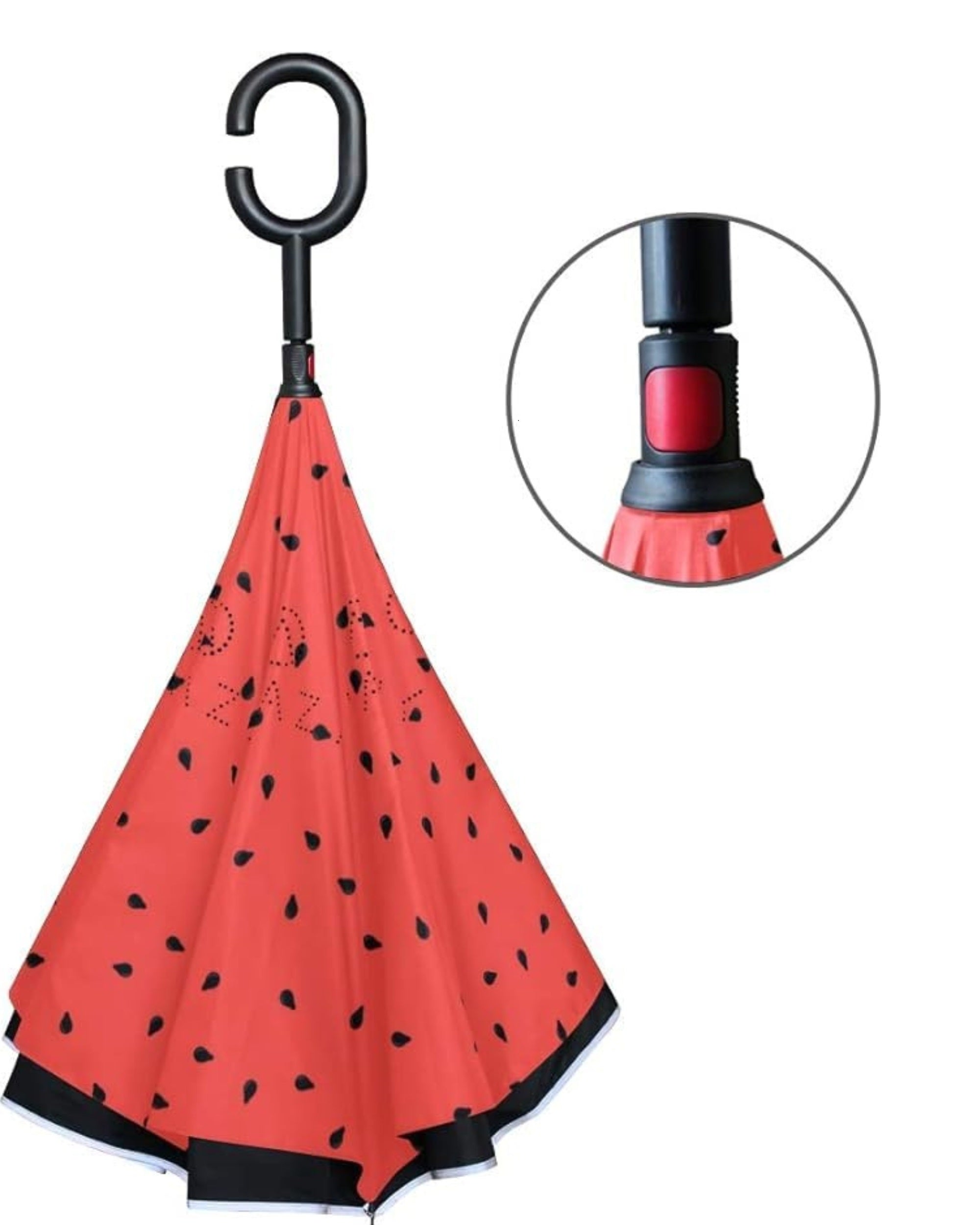 Upside Down® Windproof Inverted Umbrella – Double Layer Folding Rain Protection with Hands-Free C-Shaped Handle | Reverse Closing Design for Car & Travel (Red & Black)