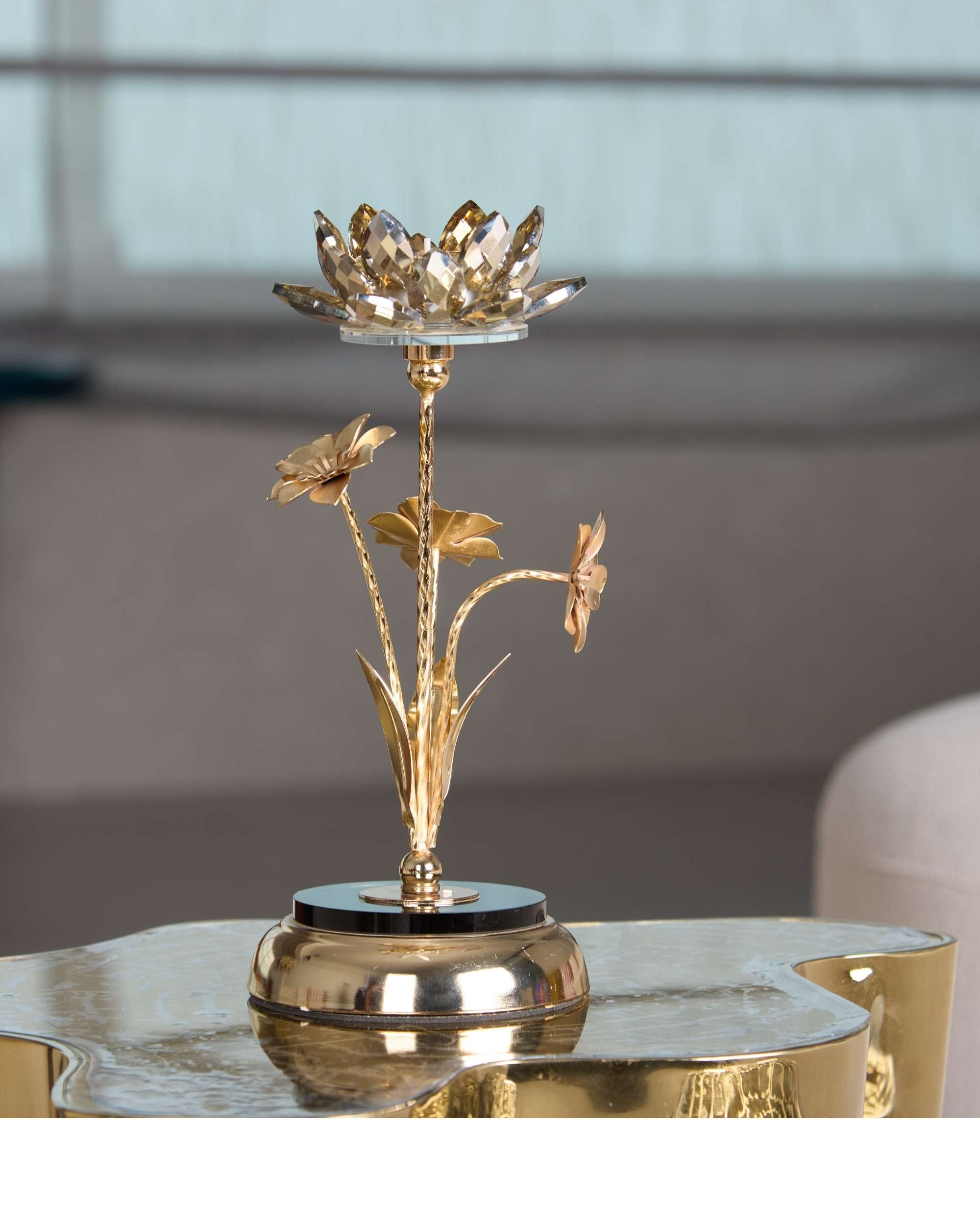 Premsons® Crystal Lotus Candle Holder – Gold Metal Floral Tealight Stand for Home, Festive & Table Décor | Elegant Showpiece for Gifting & Events