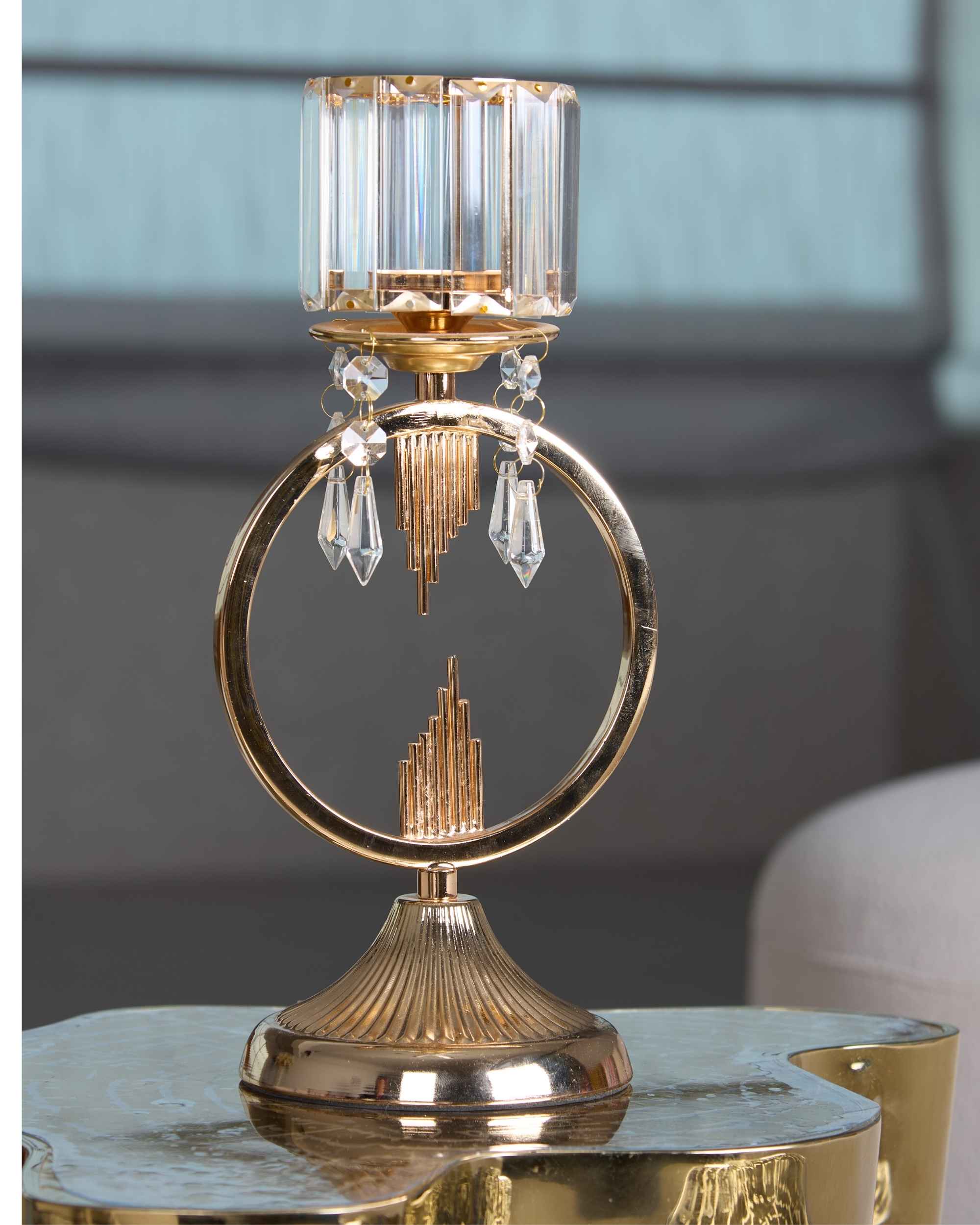 Premsons® Crystal Bead Candle Holder – Decorative Gold Metal Tealight Stand with Hanging Crystals & Glass Shade | Luxury Showpiece for Home, Festive & Table Décor