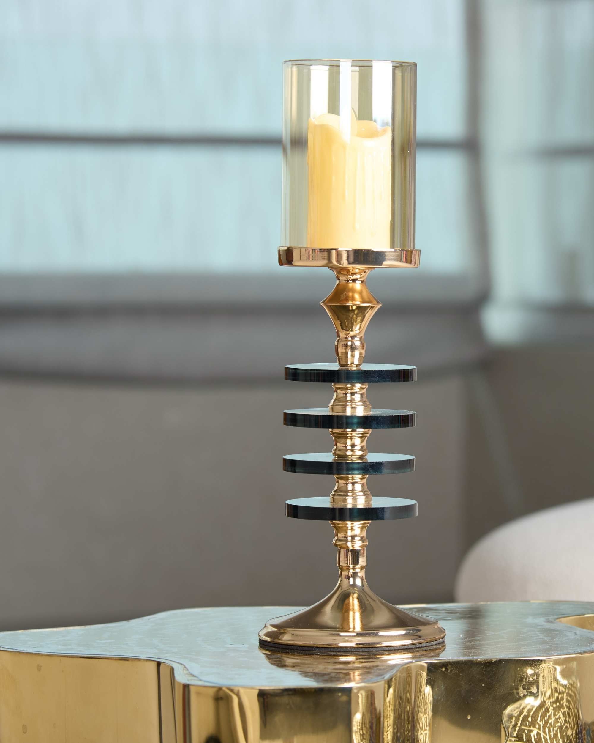 Premsons® Contemporary Gold Candle Holder with Glass Cover – Decorative Metal Tealight Stand for Tabletop, Home & Festive Décor