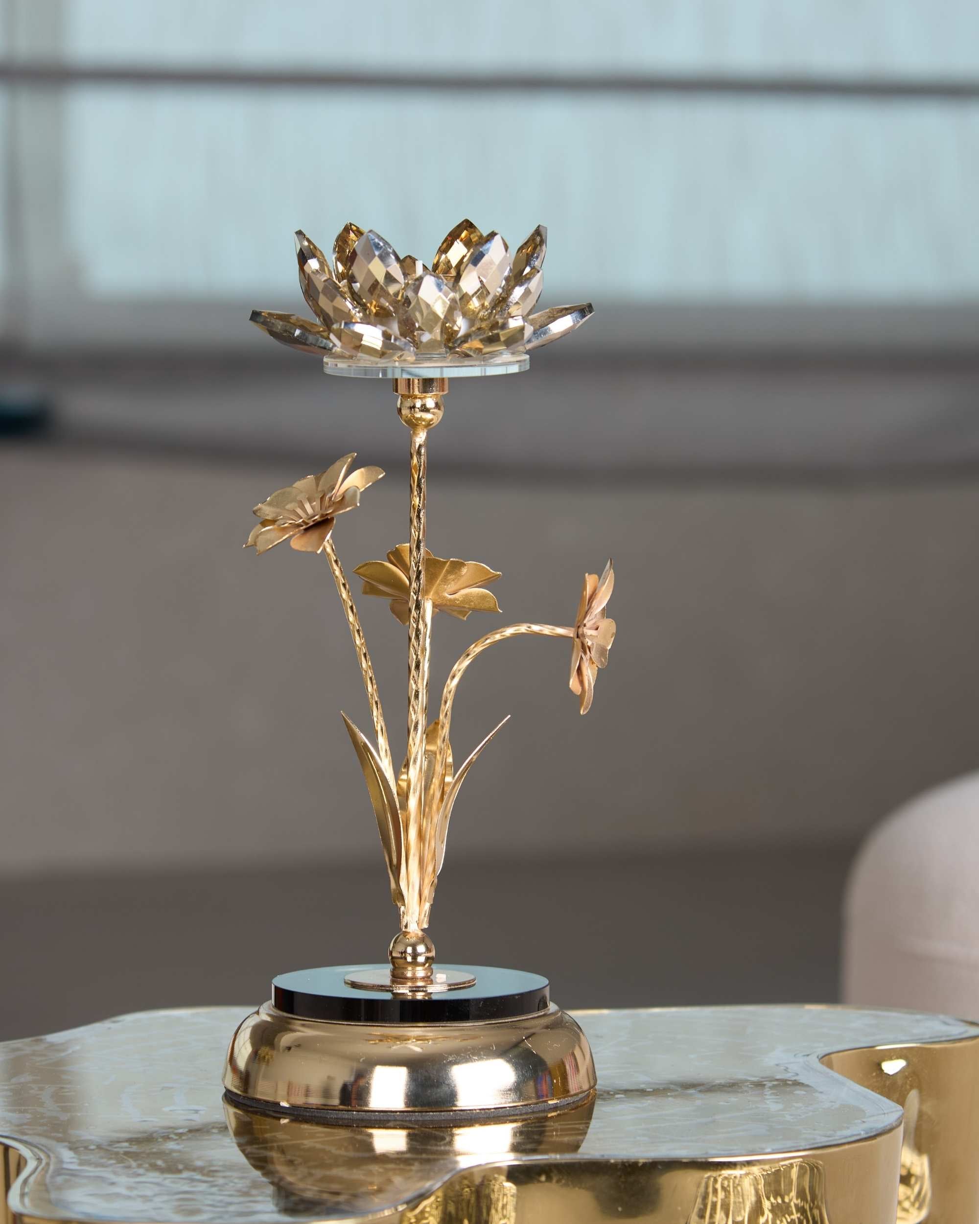 Premsons® Crystal Lotus Candle Holder – Decorative Gold Metal Tealight Stand with Floral Design | Luxury Showpiece for Home, Festive & Table Décor