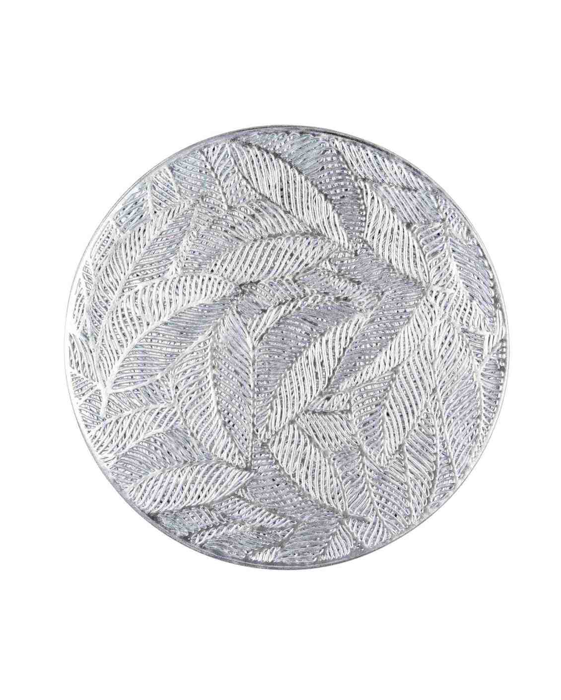 Premsons® Round Table Mat – Elegant Metallic Leaf Placemat | Washable, Wipeable, Non-Slip & Heat-Resistant | Dining Table Mat for Kitchen, Wedding & Party Décor – Silve