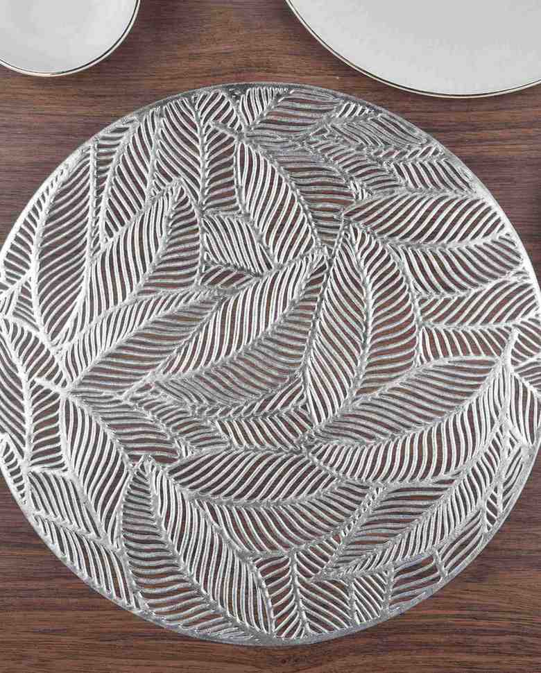 Premsons® Round Table Mat – Elegant Metallic Leaf Placemat | Washable, Wipeable, Non-Slip & Heat-Resistant | Dining Table Mat for Kitchen, Wedding & Party Décor – Silve