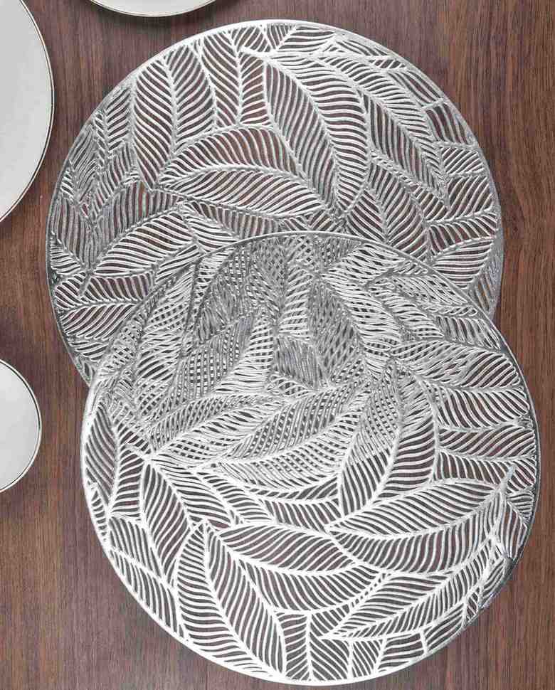 Premsons® Round Table Mat – Elegant Metallic Leaf Placemat | Washable, Wipeable, Non-Slip & Heat-Resistant | Dining Table Mat for Kitchen, Wedding & Party Décor – Silve