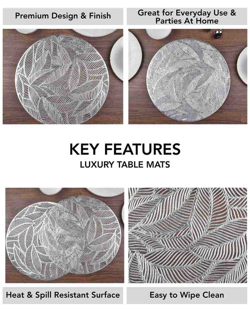 Premsons® Round Table Mat – Elegant Metallic Leaf Placemat | Washable, Wipeable, Non-Slip & Heat-Resistant | Dining Table Mat for Kitchen, Wedding & Party Décor – Silve