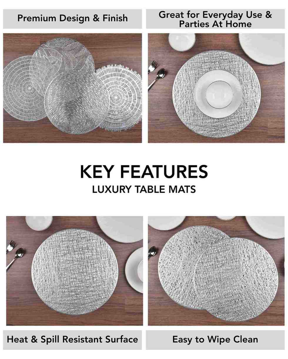 Premsons® Round Table Mat – Elegant Metallic Mesh Placemat | Washable, Wipeable, Non-Slip & Heat-Resistant | Dining Table Mat for Kitchen, Wedding & Party Décor – Silver