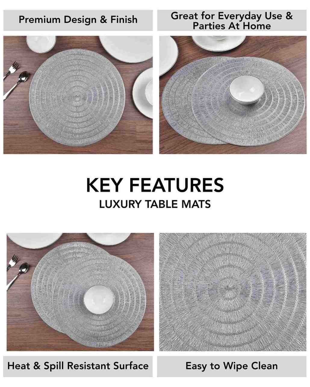 Premsons® Round Table Mat – Textured Loop Metallic Placemat | Washable, Wipeable, Non-Slip & Heat-Resistant | Decorative Table Mat for Dining, Kitchen, Wedding & Party Décor – Silver