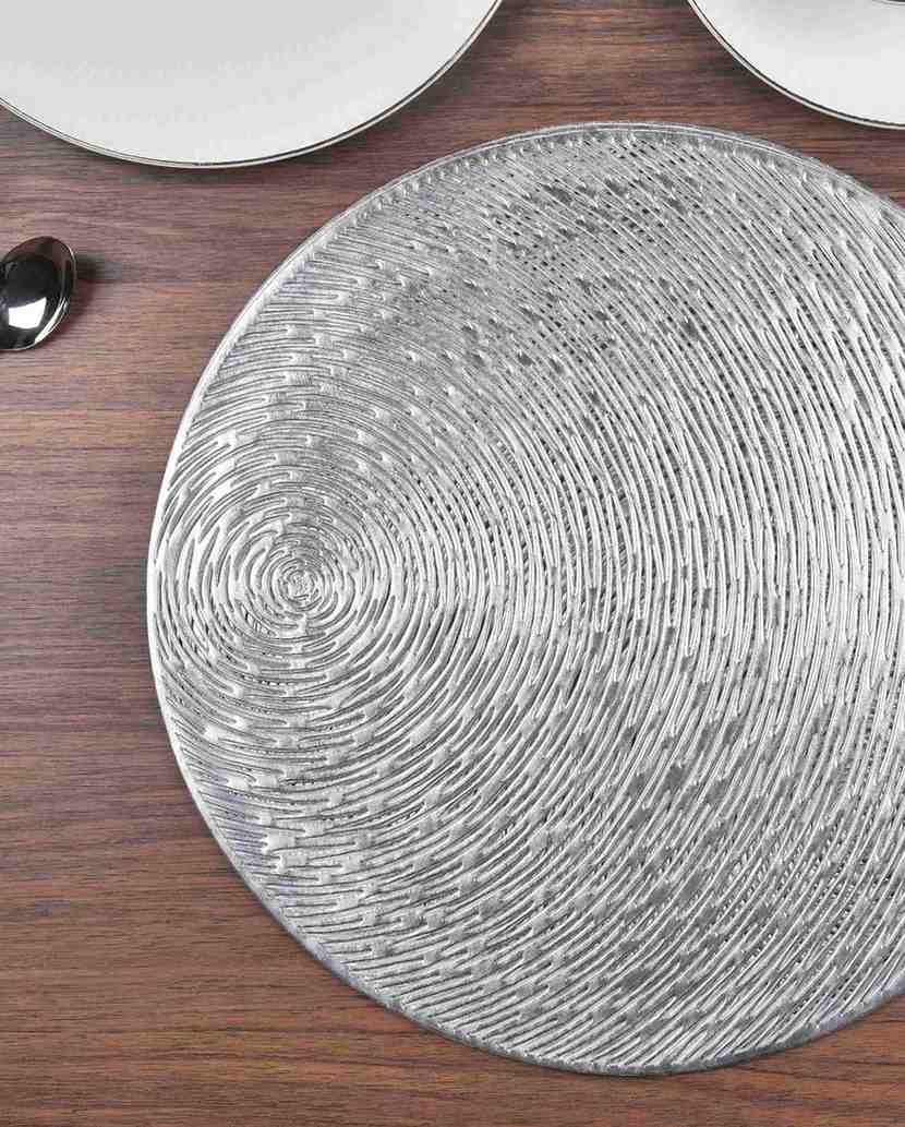 Premsons® Round Table Mat – Elegant Swirl Metallic Placemat | Washable, Wipeable, Non-Slip & Heat-Resistant | Stylish Table Mat for Dining, Kitchen, Wedding & Party Décor – Silver