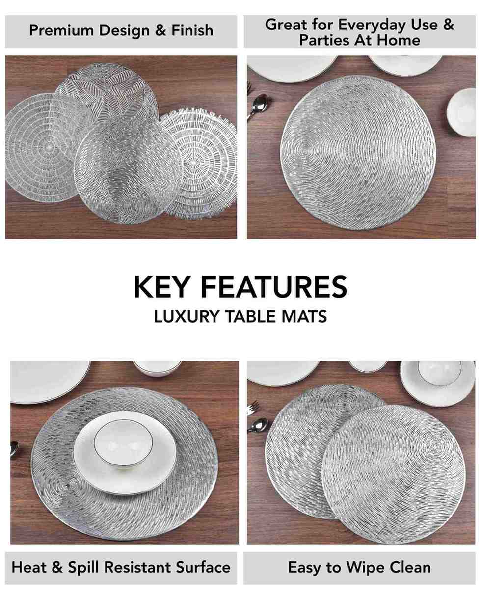 Premsons® Round Table Mat – Elegant Swirl Metallic Placemat | Washable, Wipeable, Non-Slip & Heat-Resistant | Stylish Table Mat for Dining, Kitchen, Wedding & Party Décor – Silver