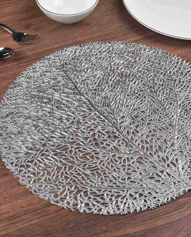 Premsons® Round Table Mat – Elegant Tree Metallic Placemat | Washable, Wipeable, Non-Slip & Heat-Resistant | Stylish Table Mat for Dining, Kitchen, Wedding & Party Décor – Silver