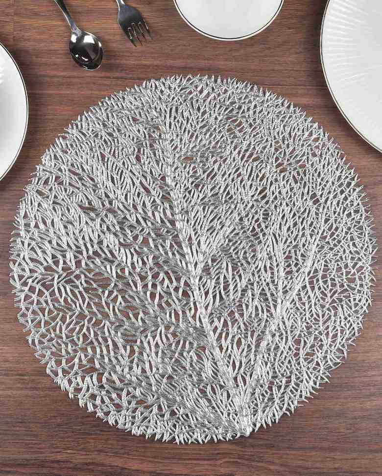 Premsons® Round Table Mat – Elegant Tree Metallic Placemat | Washable, Wipeable, Non-Slip & Heat-Resistant | Stylish Table Mat for Dining, Kitchen, Wedding & Party Décor – Silver