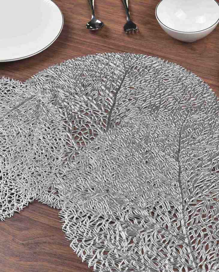 Premsons® Round Table Mat – Elegant Tree Metallic Placemat | Washable, Wipeable, Non-Slip & Heat-Resistant | Stylish Table Mat for Dining, Kitchen, Wedding & Party Décor – Silver