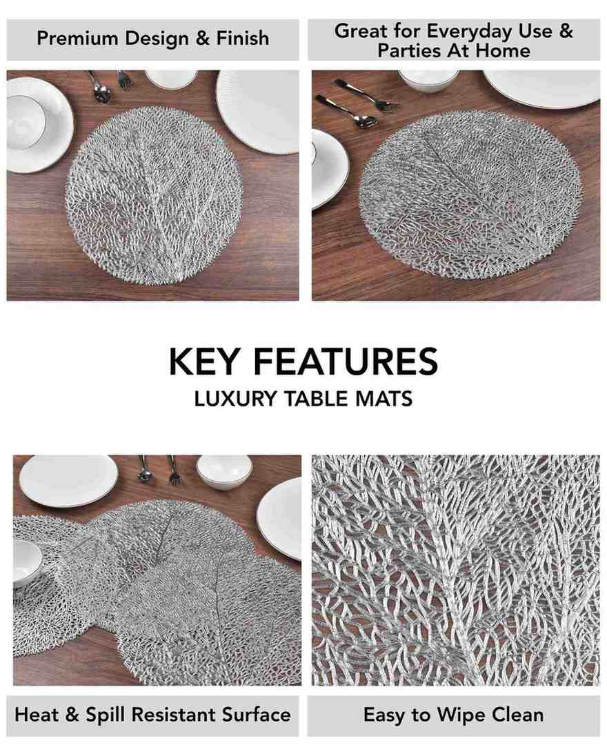 Premsons® Round Table Mat – Elegant Tree Metallic Placemat | Washable, Wipeable, Non-Slip & Heat-Resistant | Stylish Table Mat for Dining, Kitchen, Wedding & Party Décor – Silver