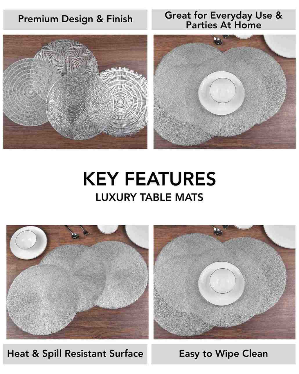 Premsons® Round Table Mat – Elegant Swirl Metallic Placemat | Washable, Wipeable, Non-Slip & Heat-Resistant | Stylish Table Mat for Dining, Kitchen, Wedding & Party Décor – Silver