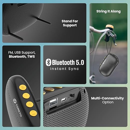 Premsons® Toreto Bang Mini 6W Portable Bluetooth 5.0 Speaker – Dual Audio Drivers, TWS Function, HD Sound, Built-in Mic, Fast Charging with Type-C Cable – Black